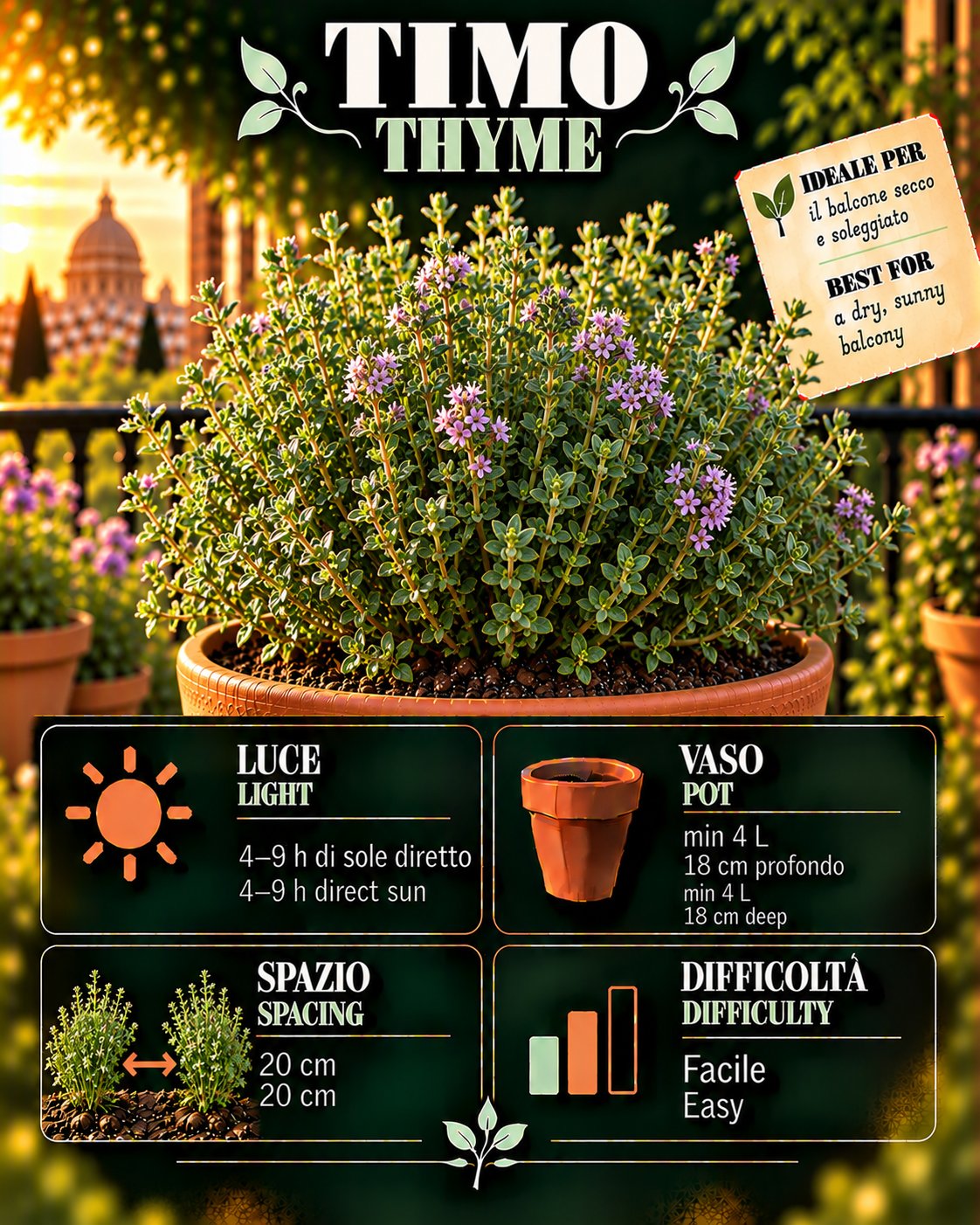 Scheda Thyme • Thyme profile: light, water, pot, harvest