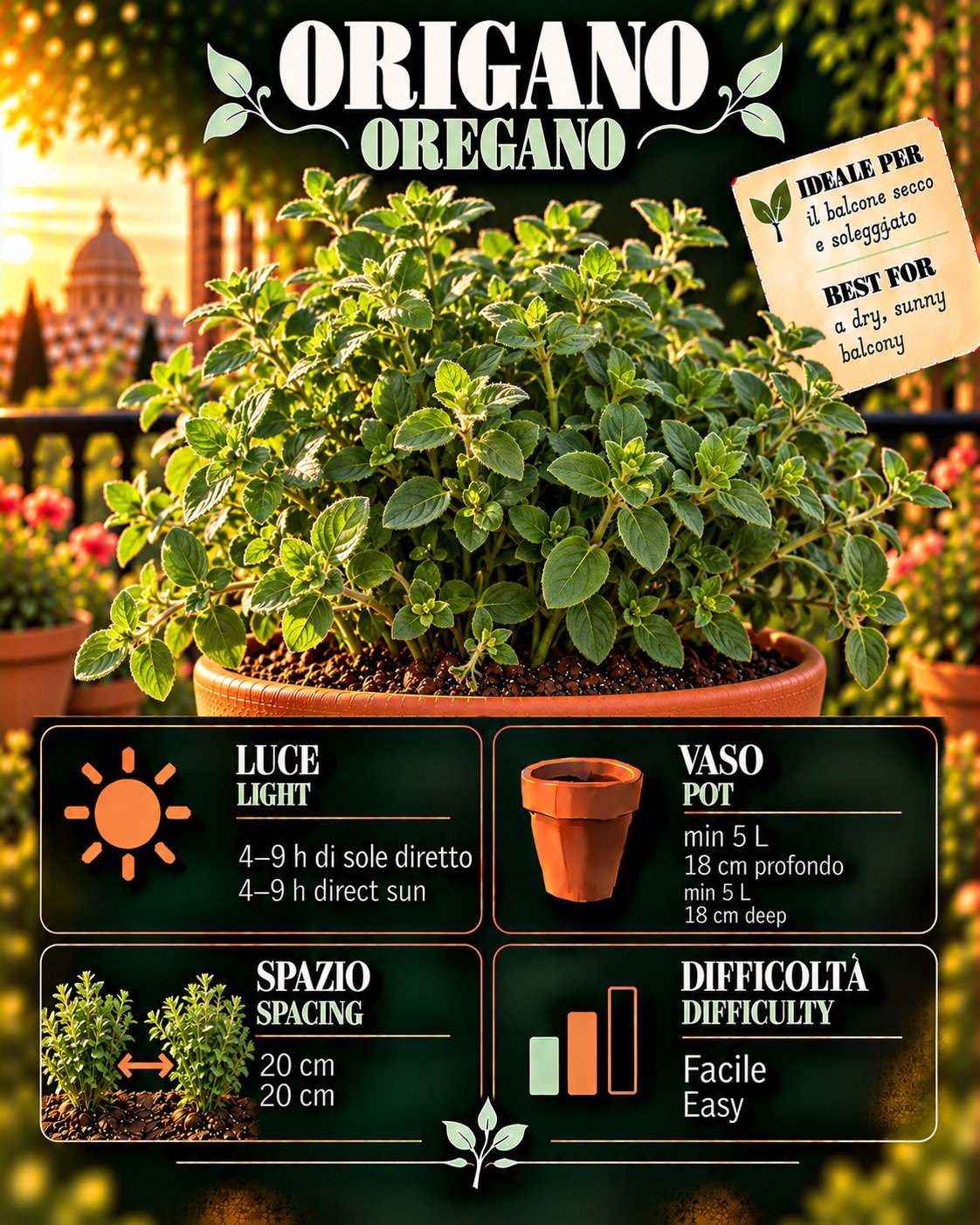 Scheda Oregano • Oregano profile: light, water, pot, harvest