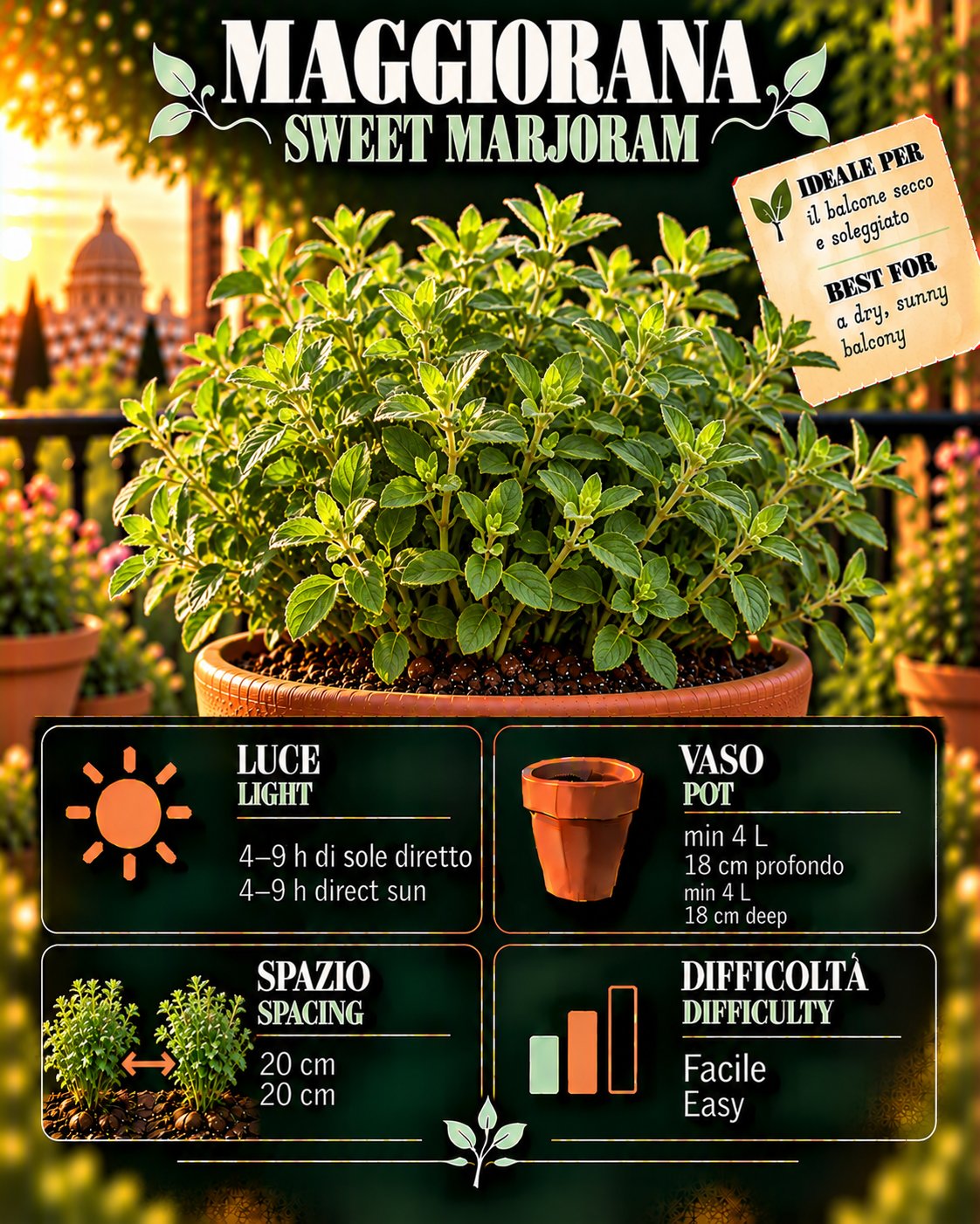 Scheda Maggiorana • Maggiorana profile: light, water, pot, harvest
