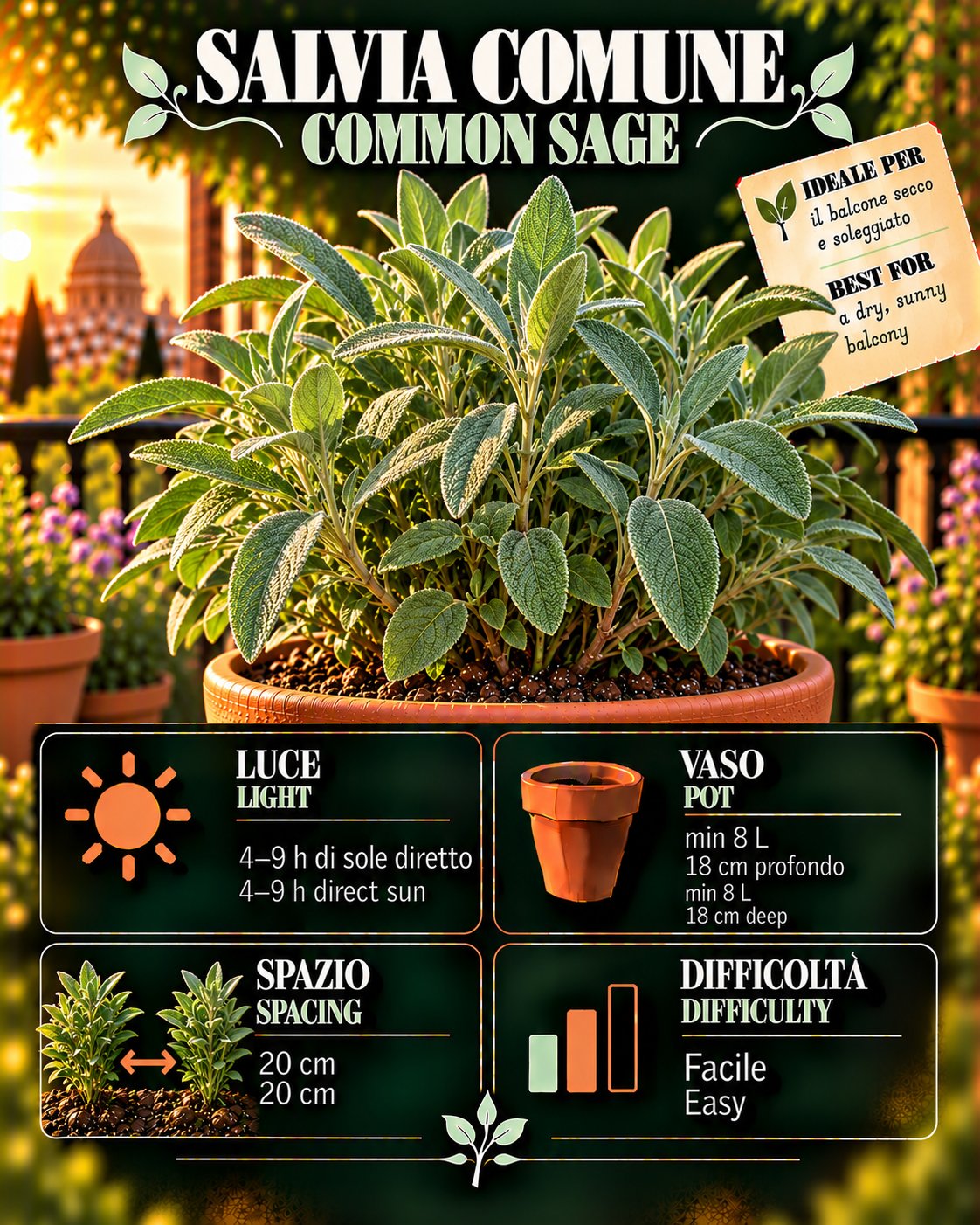 Scheda Common sage • Common sage profile: light, water, pot, harvest