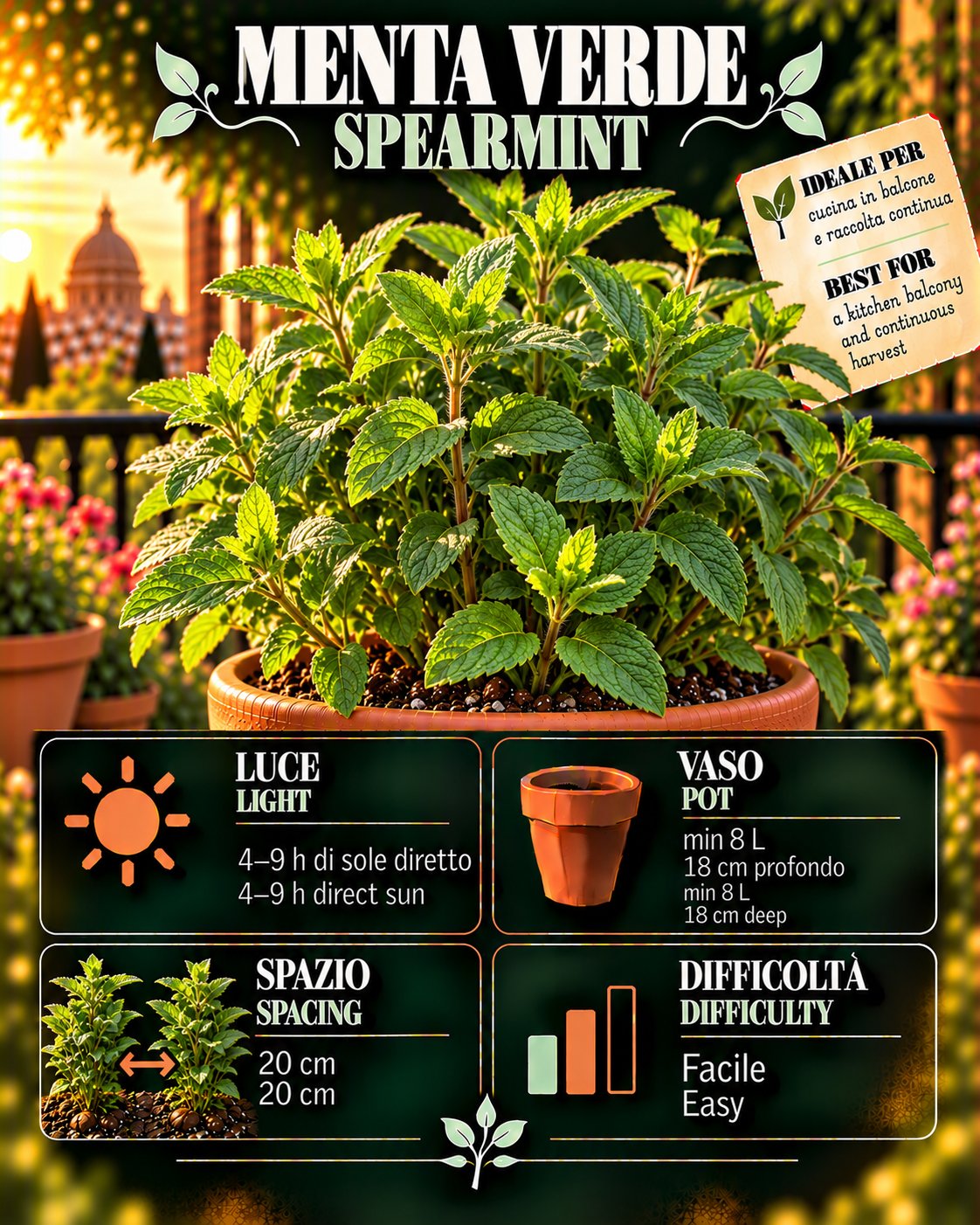 Scheda Menta verde • Menta verde profile: light, water, pot, harvest