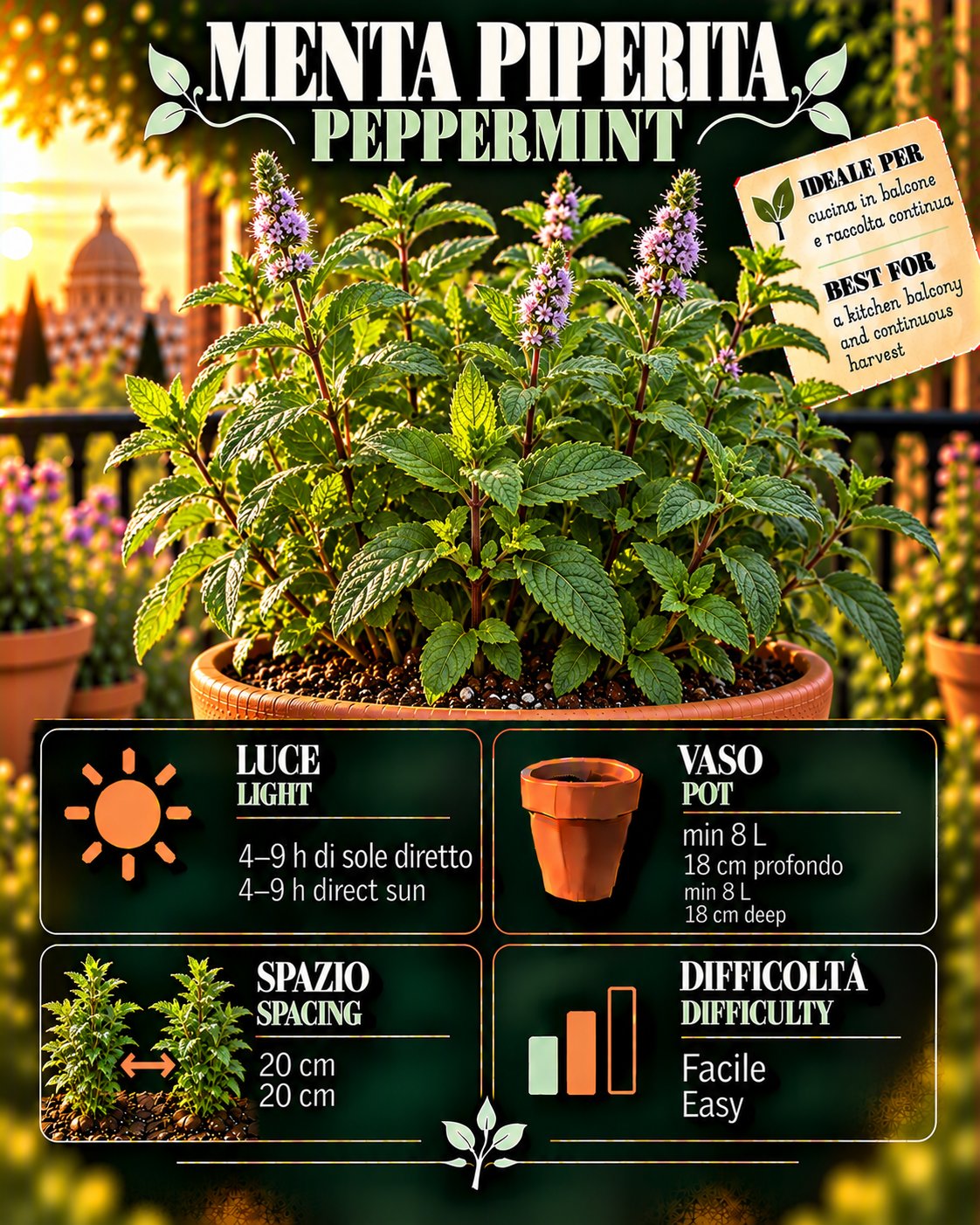 Scheda Peppermint • Peppermint profile: light, water, pot, harvest