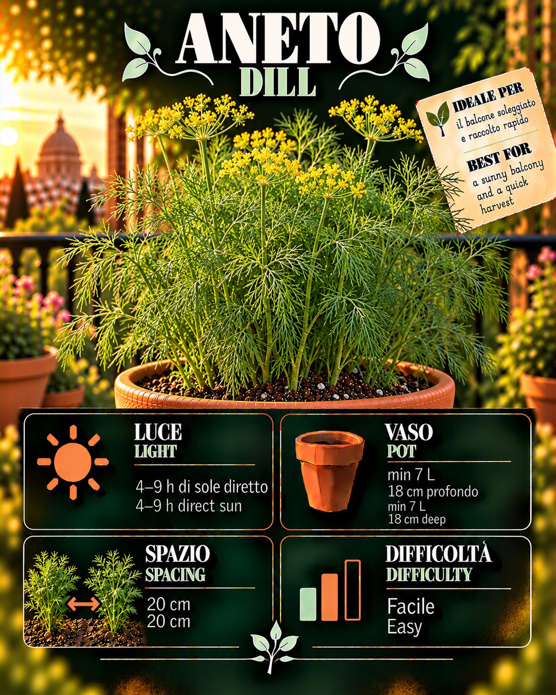 Scheda Dill • Dill profile: light, water, pot, harvest