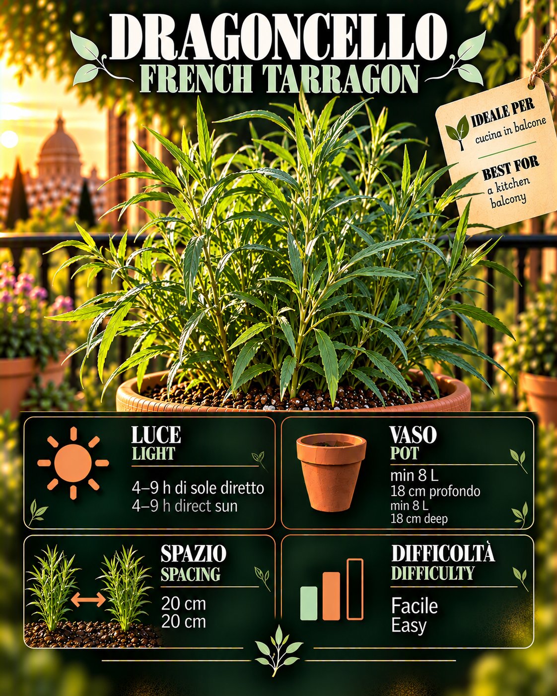 Scheda Dragoncello • Dragoncello profile: light, water, pot, harvest