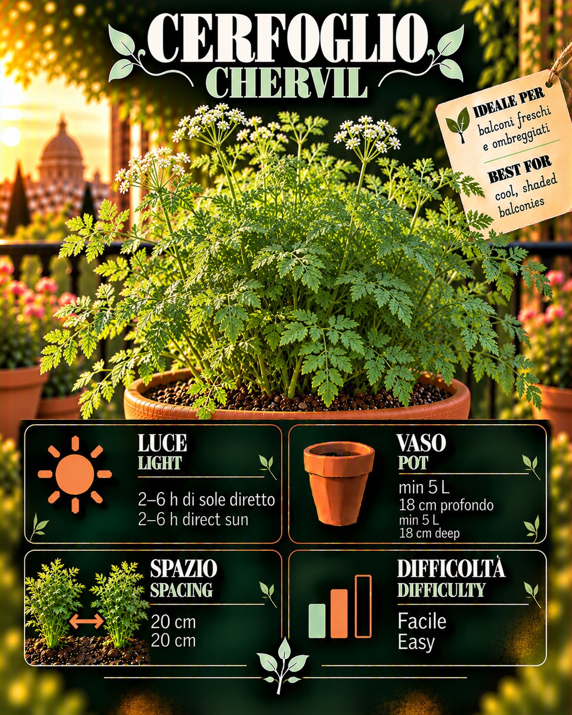 Scheda Cerfoglio • Cerfoglio profile: light, water, pot, harvest
