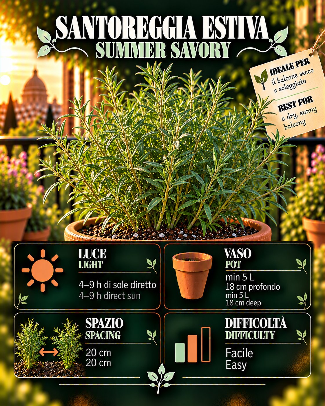 Scheda Summer savory • Summer savory profile: light, water, pot, harvest