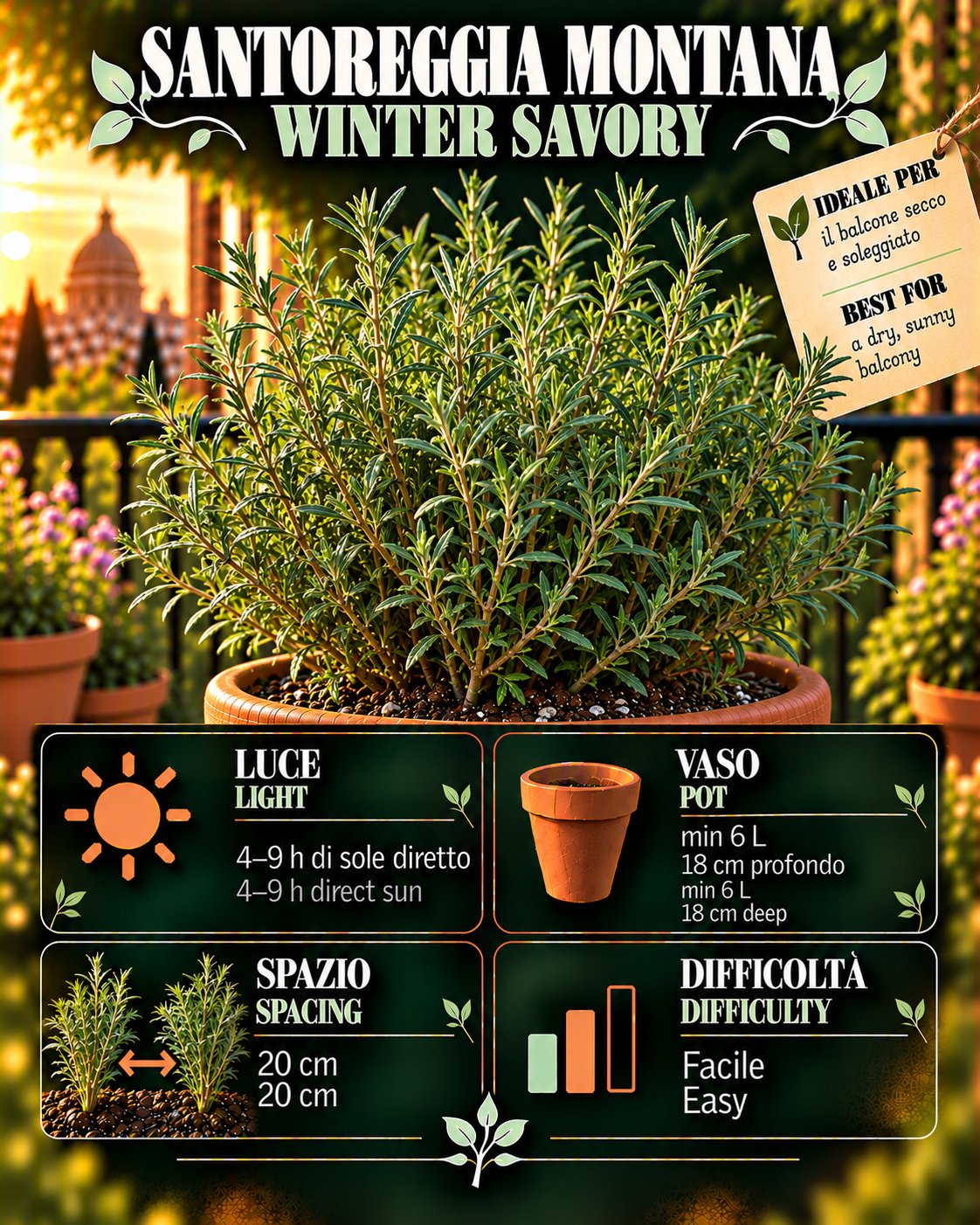 Scheda Winter savory • Winter savory profile: light, water, pot, harvest