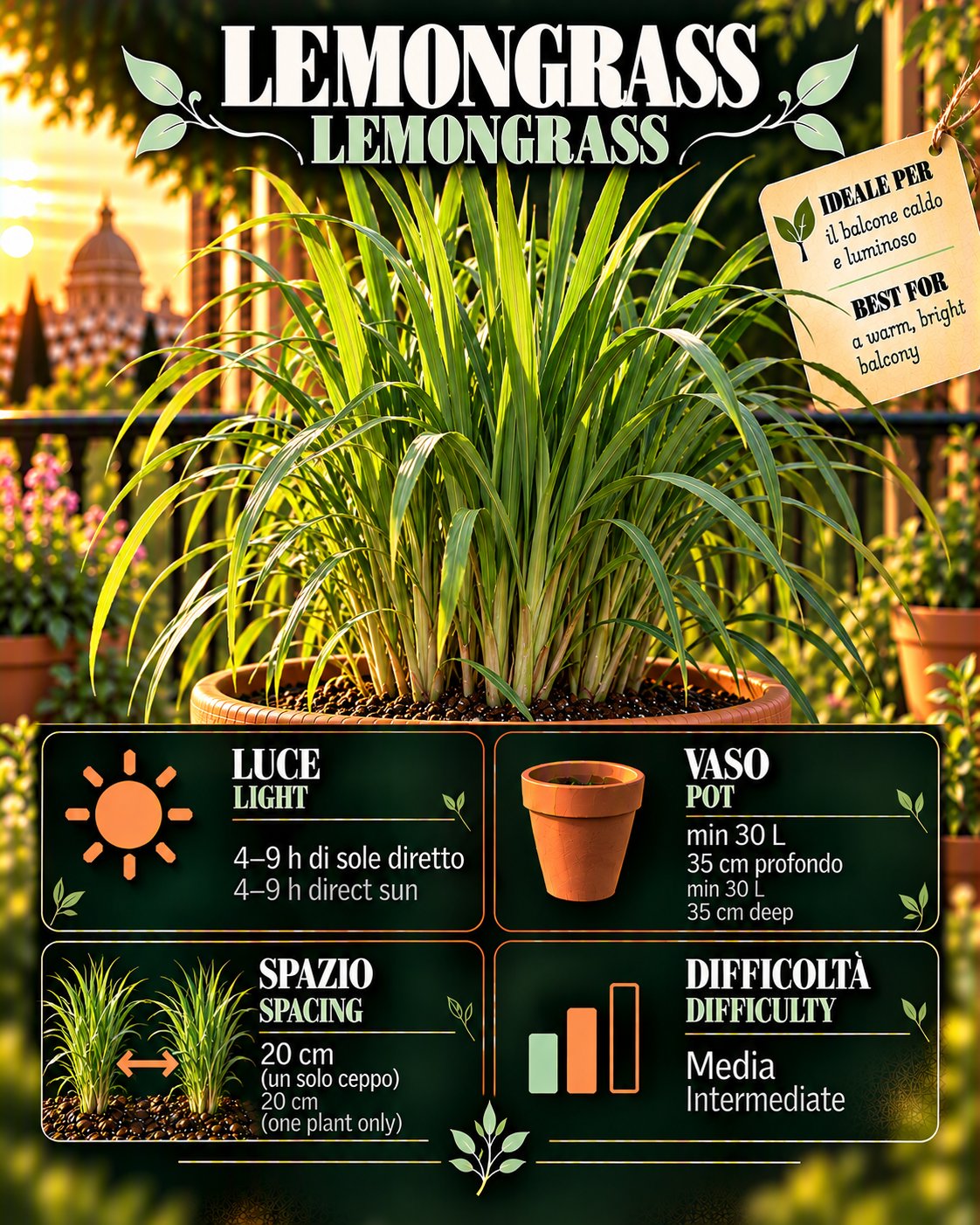 Scheda Lemongrass • Lemongrass profile: light, water, pot, harvest