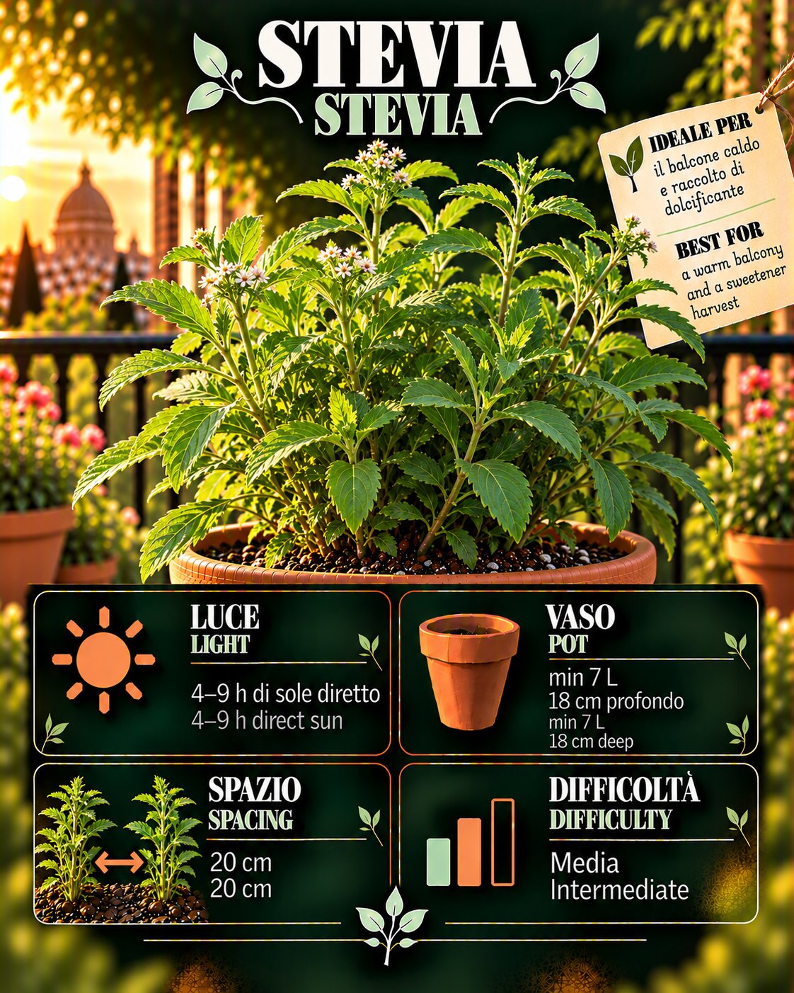 Scheda Stevia • Stevia profile: light, water, pot, harvest