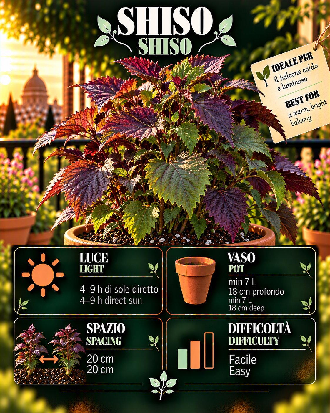 Scheda Shiso • Shiso profile: light, water, pot, harvest