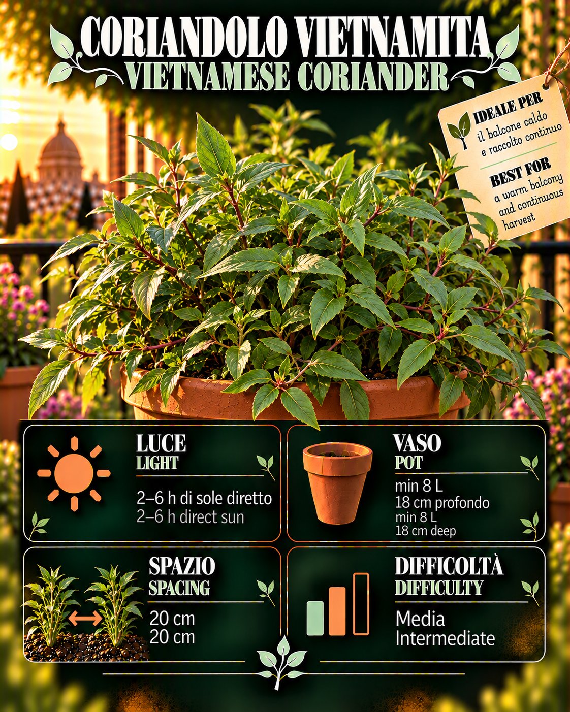 Scheda Coriandolo vietnamita • Coriandolo vietnamita profile: light, water, pot, harvest