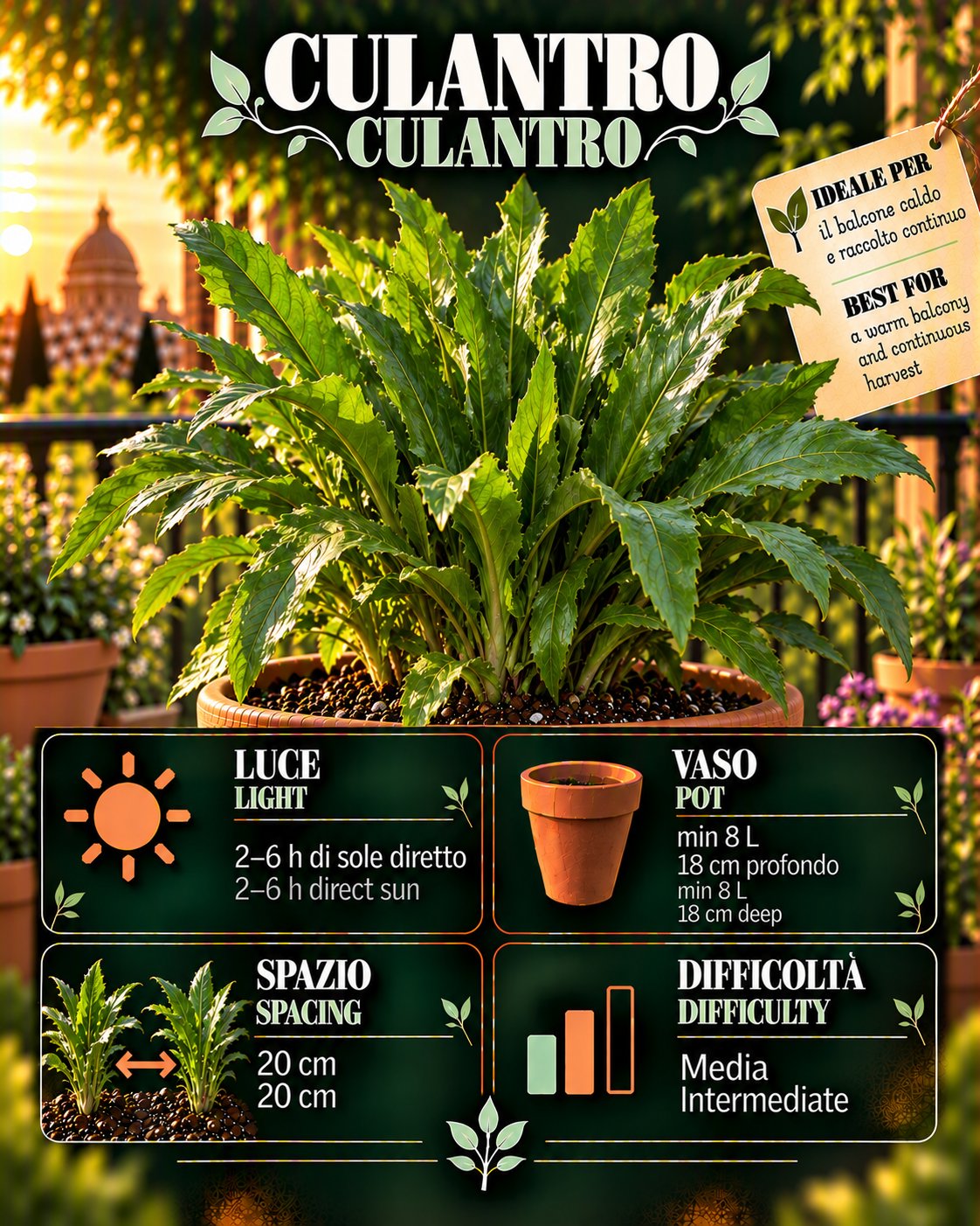 Scheda Culantro • Culantro profile: light, water, pot, harvest