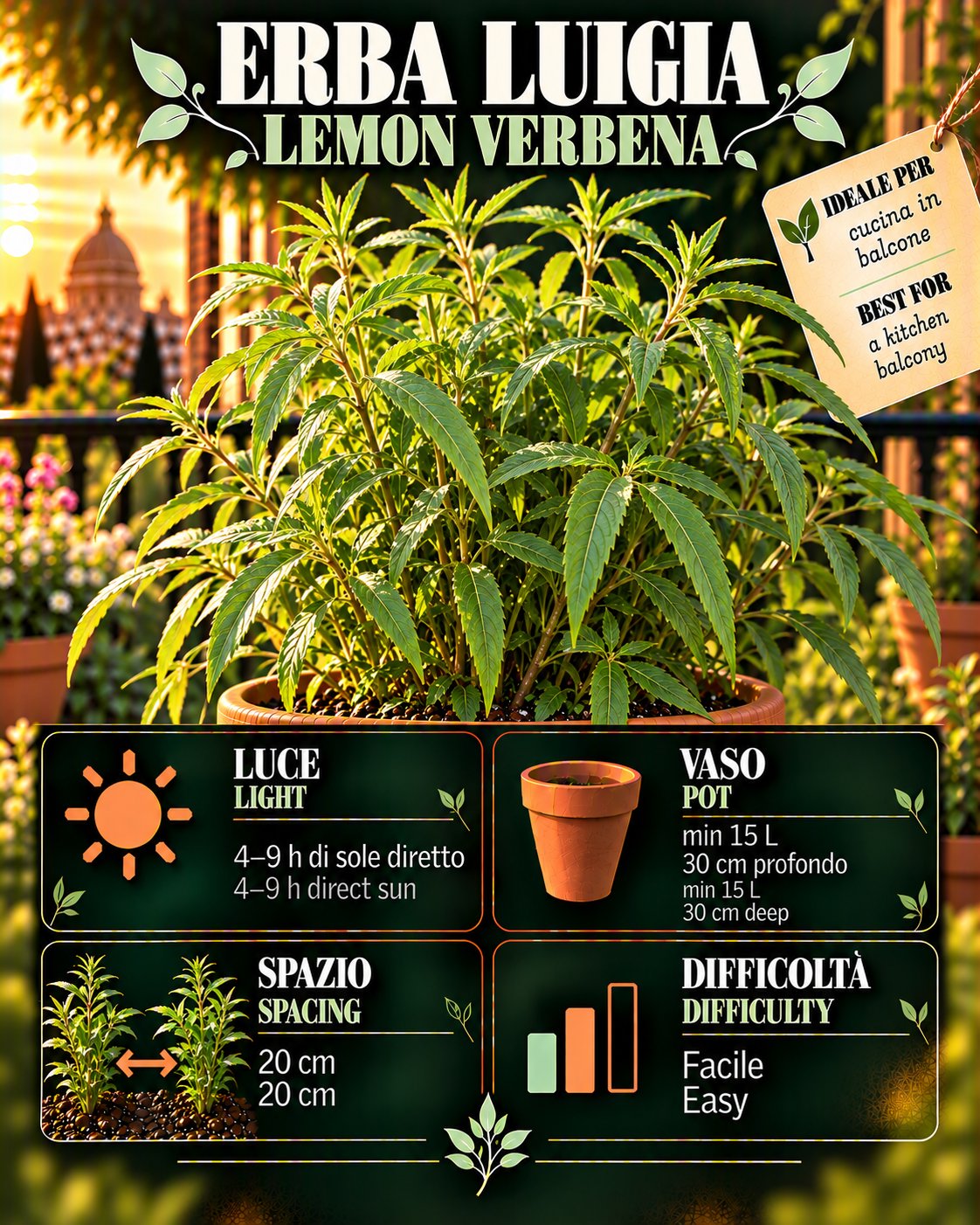 Scheda Erba luigia • Erba luigia profile: light, water, pot, harvest
