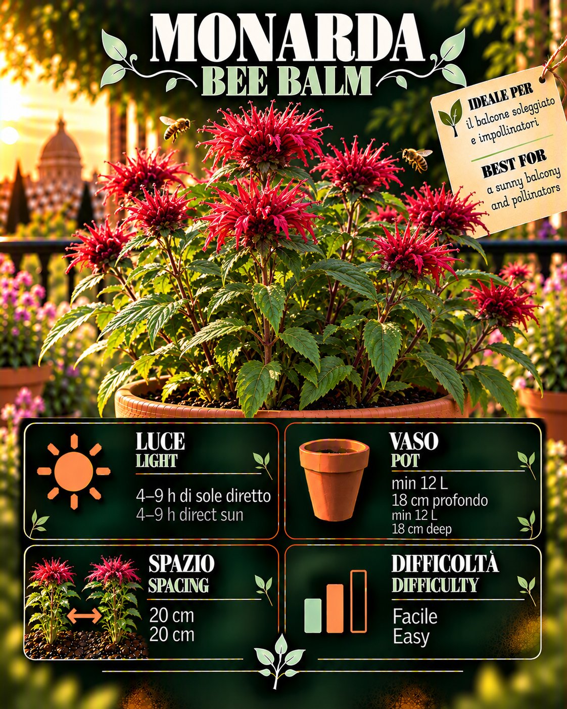 Scheda Bee balm • Bee balm profile: light, water, pot, harvest