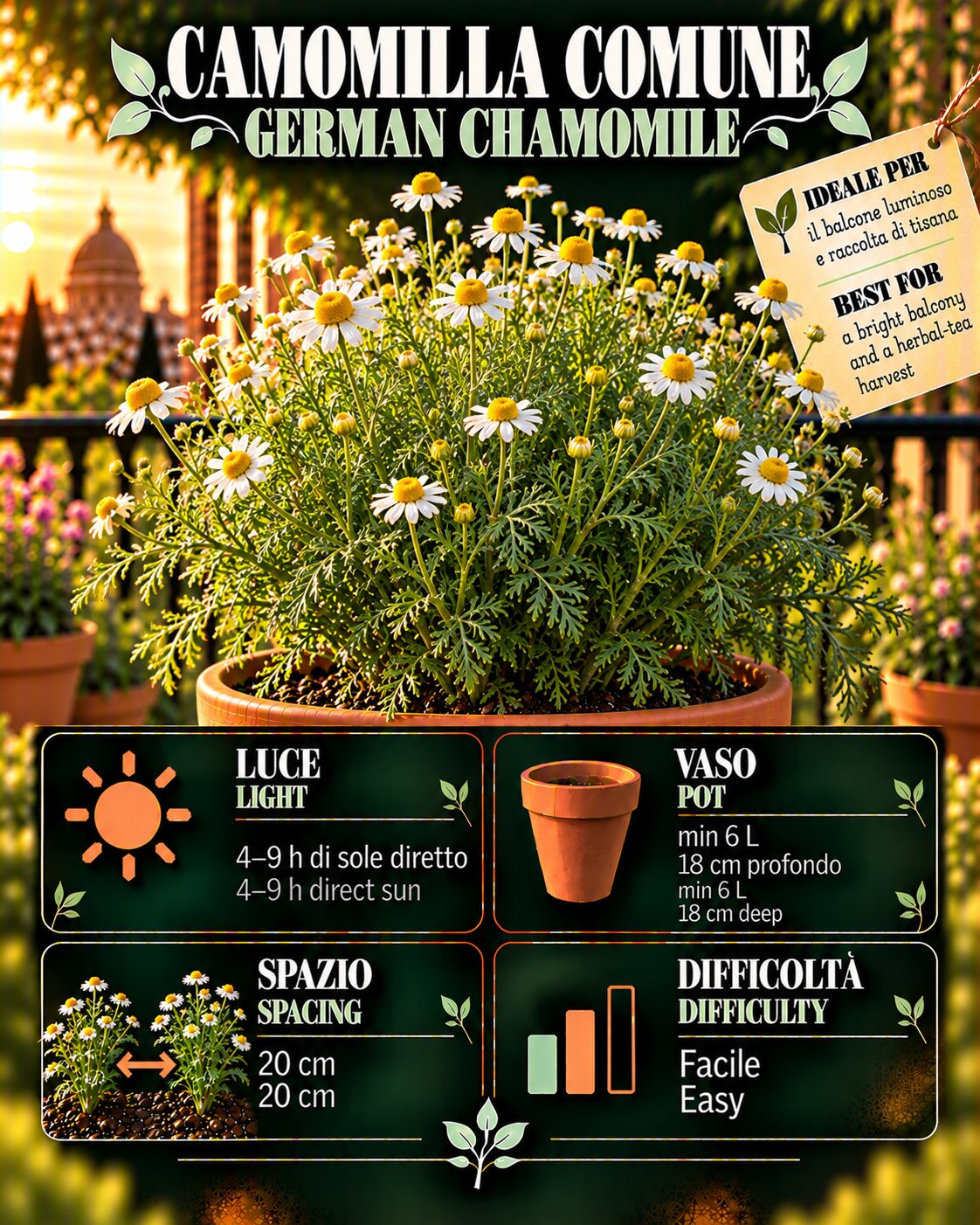Scheda Camomilla comune • Camomilla comune profile: light, water, pot, harvest