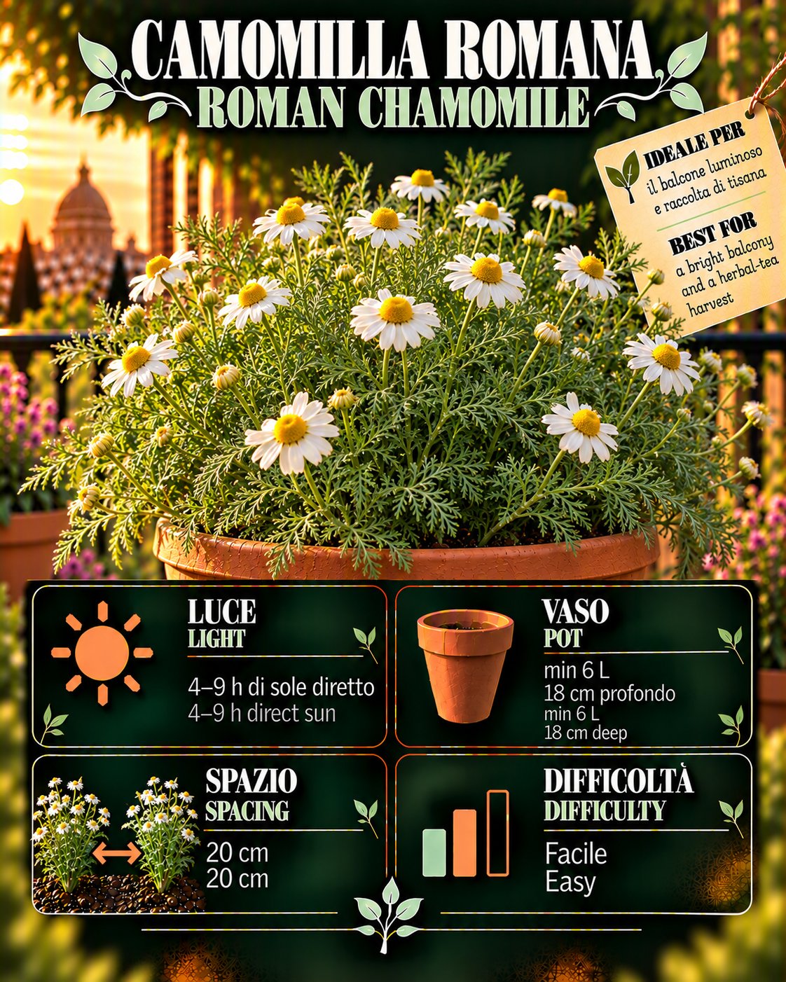 Scheda Camomilla romana • Camomilla romana profile: light, water, pot, harvest
