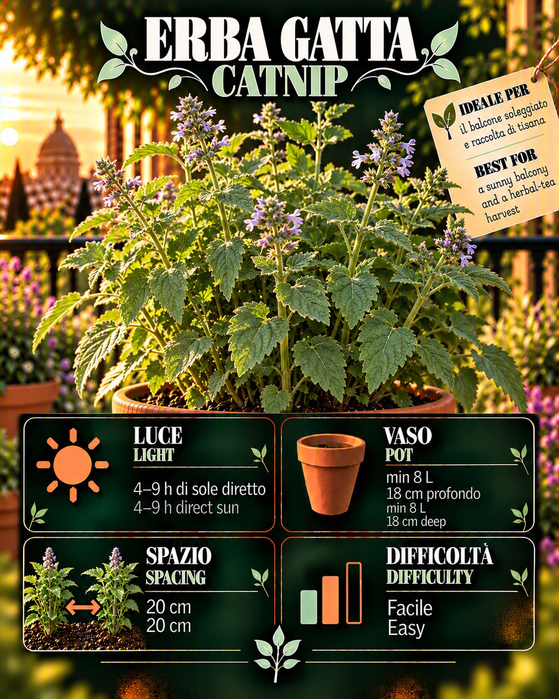 Scheda Catnip • Catnip profile: light, water, pot, harvest