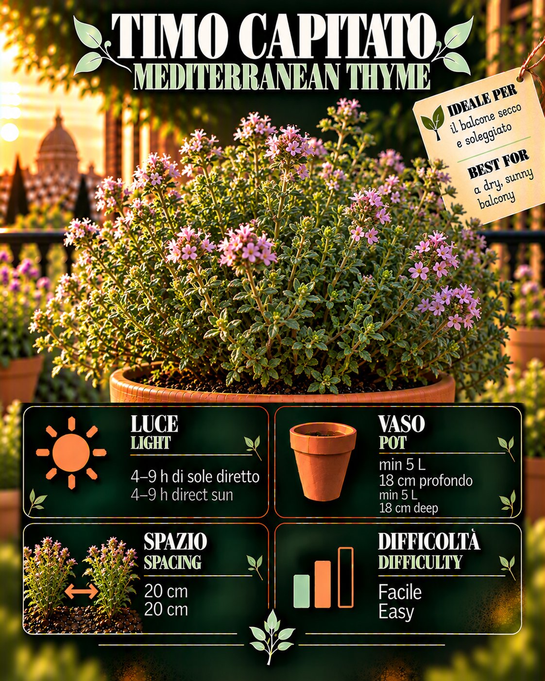 Scheda Timo capitato • Timo capitato profile: light, water, pot, harvest