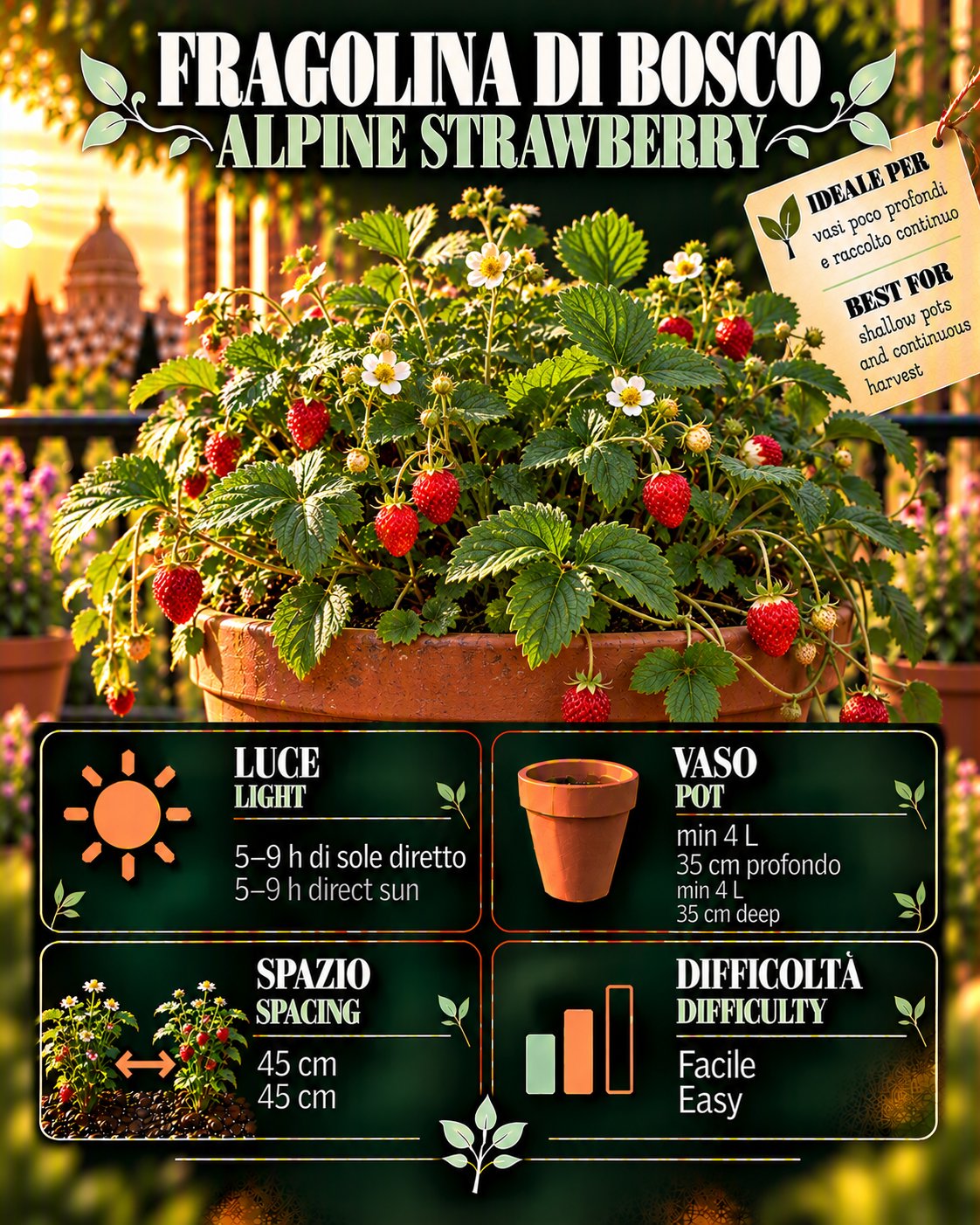 Scheda Alpine strawberry • Alpine strawberry profile: light, water, pot, harvest