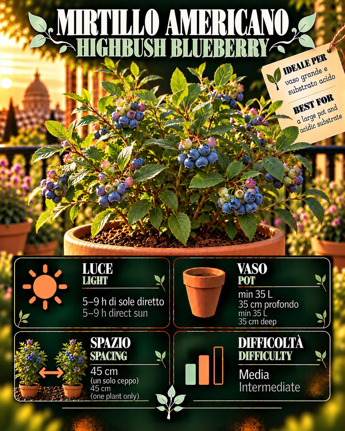 Scheda Mirtillo americano • Mirtillo americano profile: light, water, pot, harvest