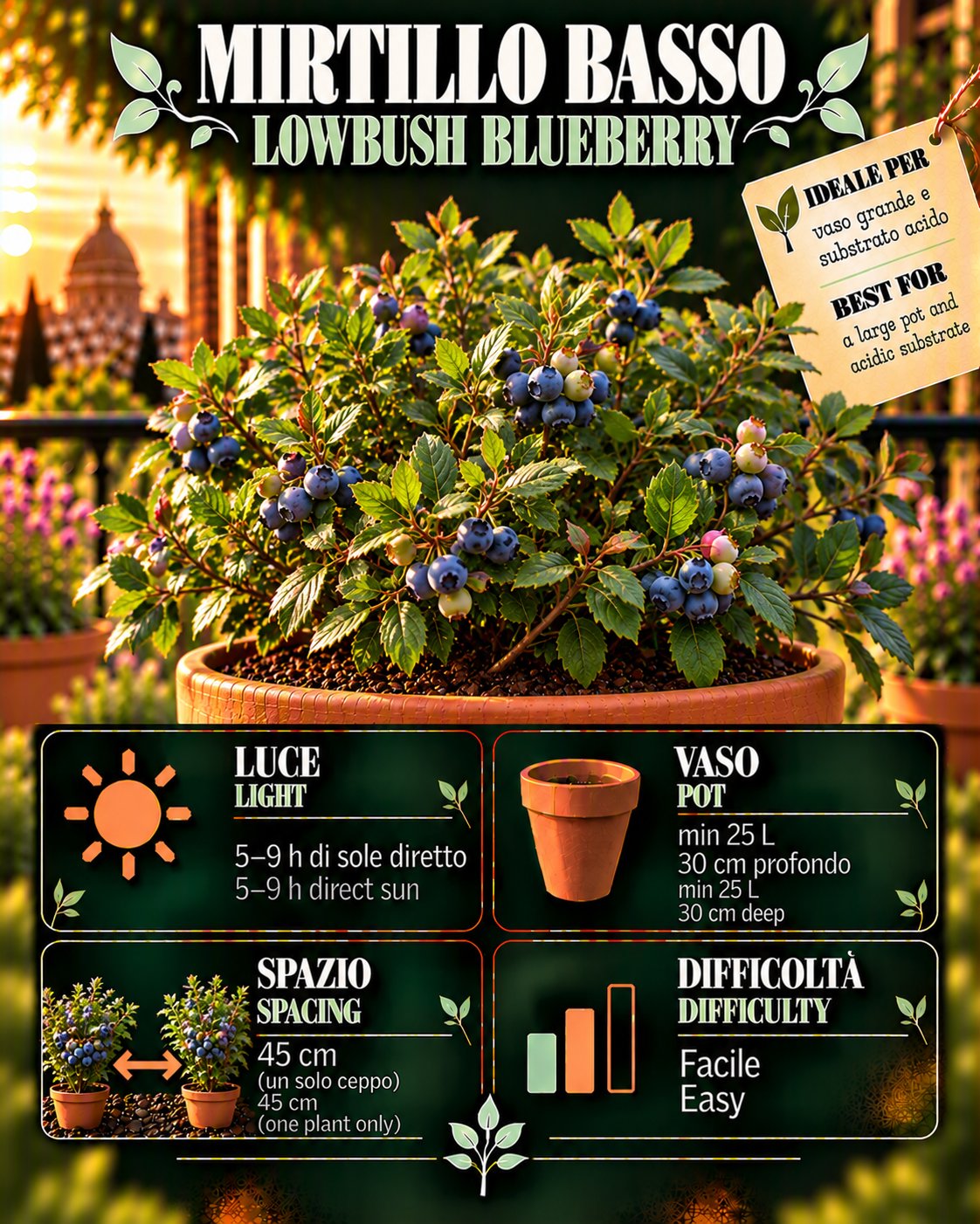 Scheda Mirtillo basso • Mirtillo basso profile: light, water, pot, harvest