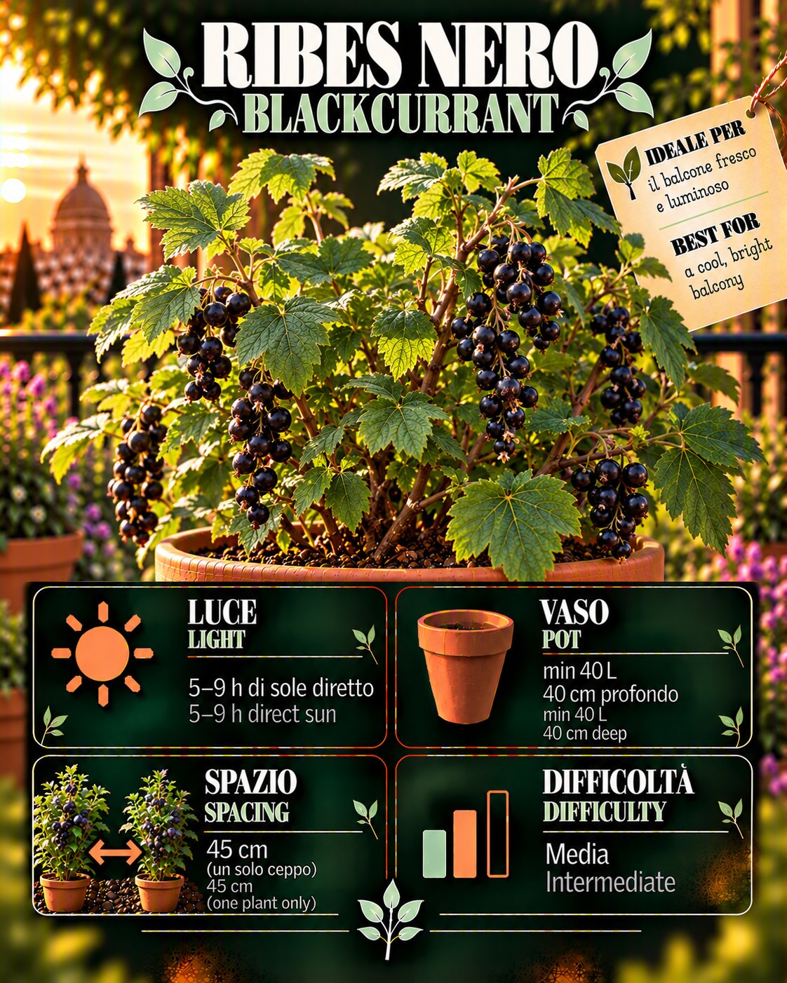 Scheda Ribes nero • Ribes nero profile: light, water, pot, harvest