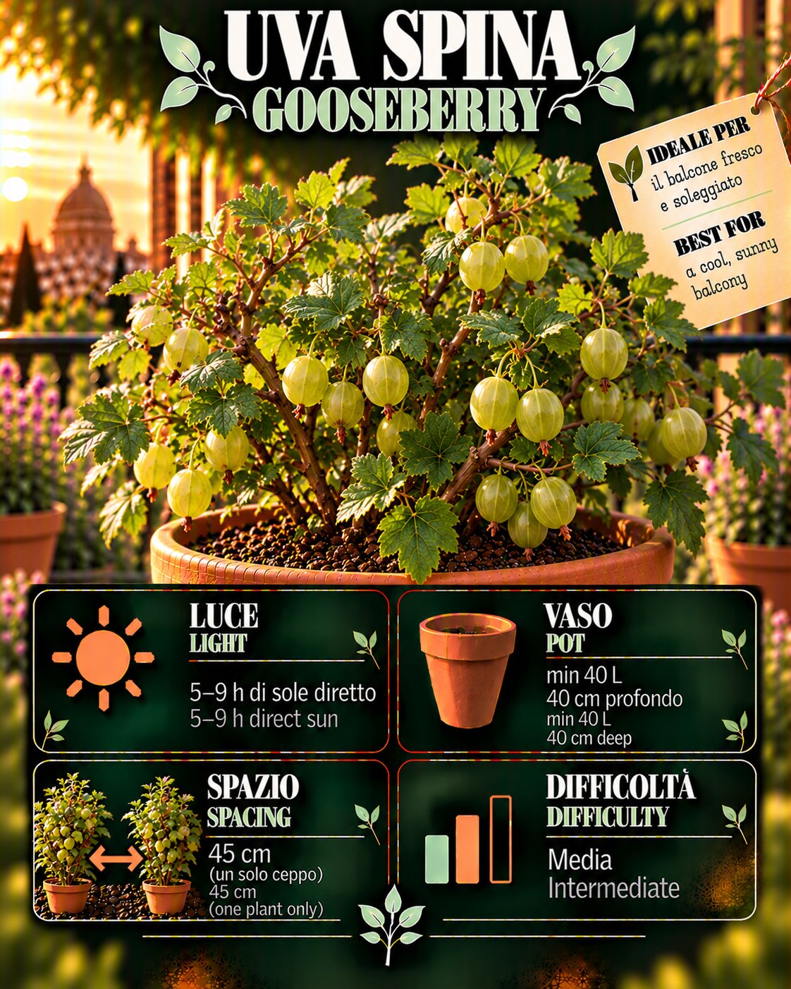 Scheda Uva spina • Uva spina profile: light, water, pot, harvest