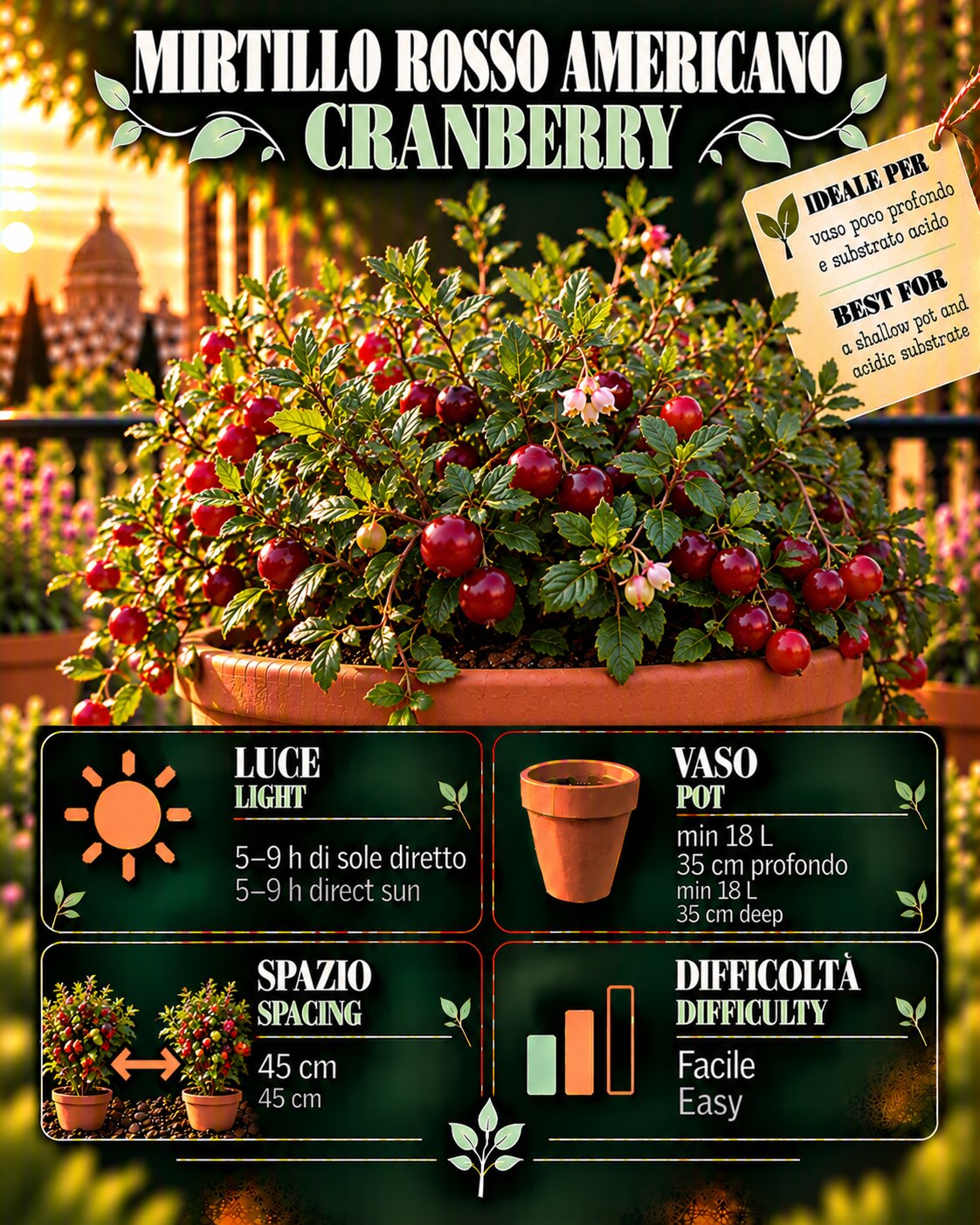 Scheda Cranberry • Cranberry profile: light, water, pot, harvest