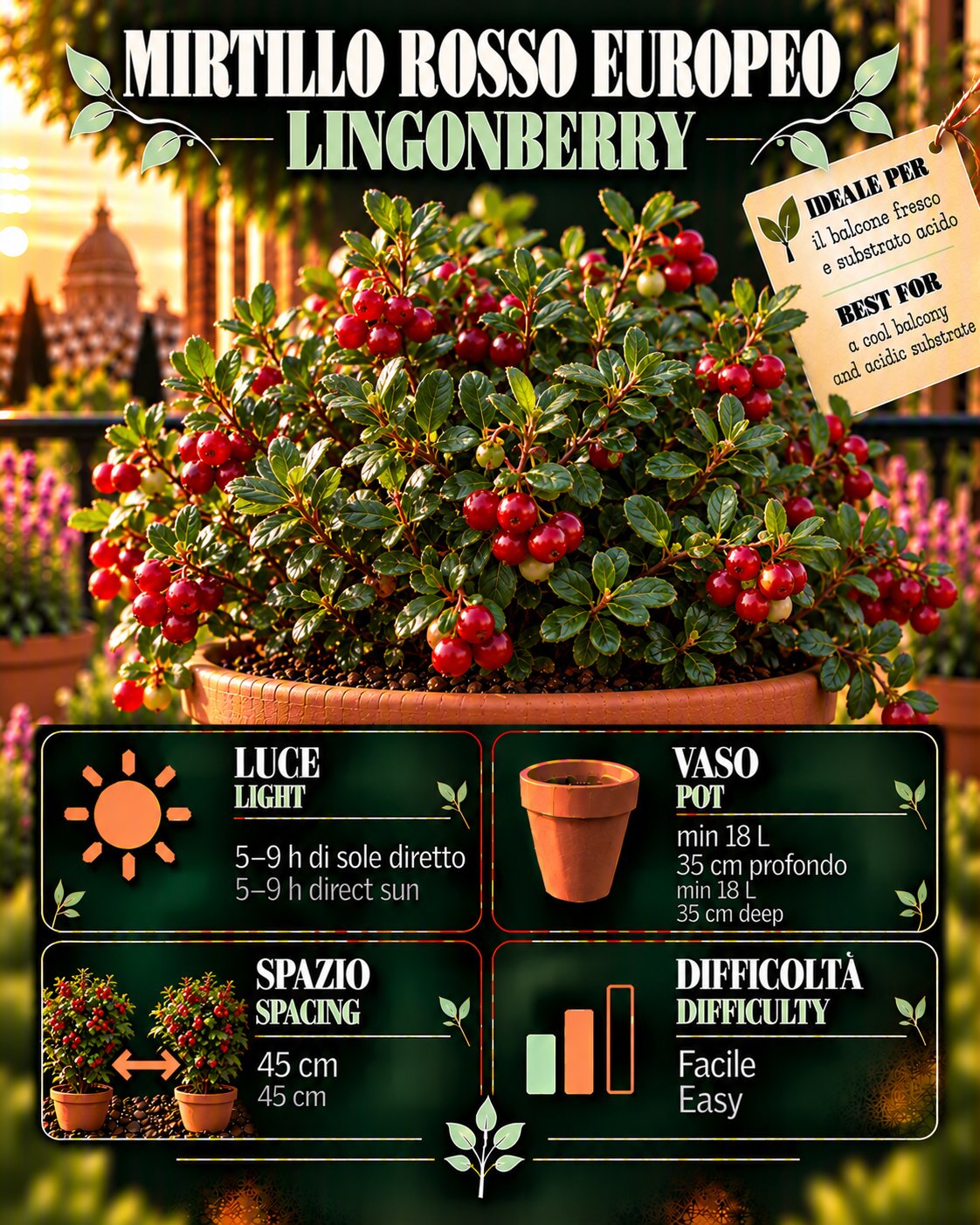 Scheda Lingonberry • Lingonberry profile: light, water, pot, harvest