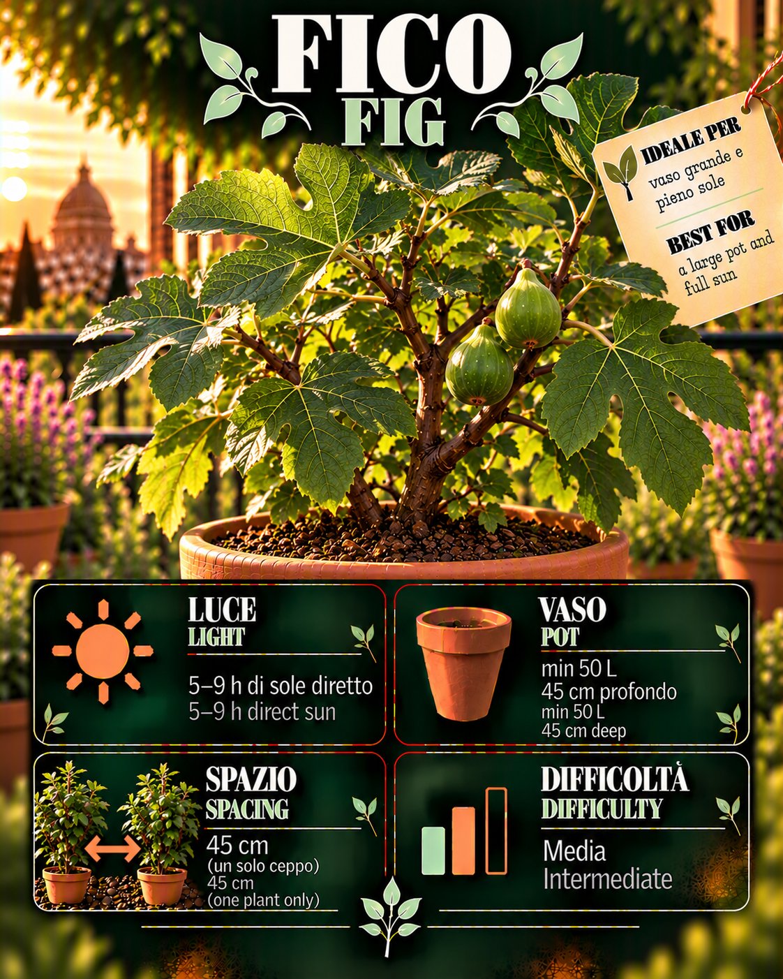 Scheda Fico • Fico profile: light, water, pot, harvest