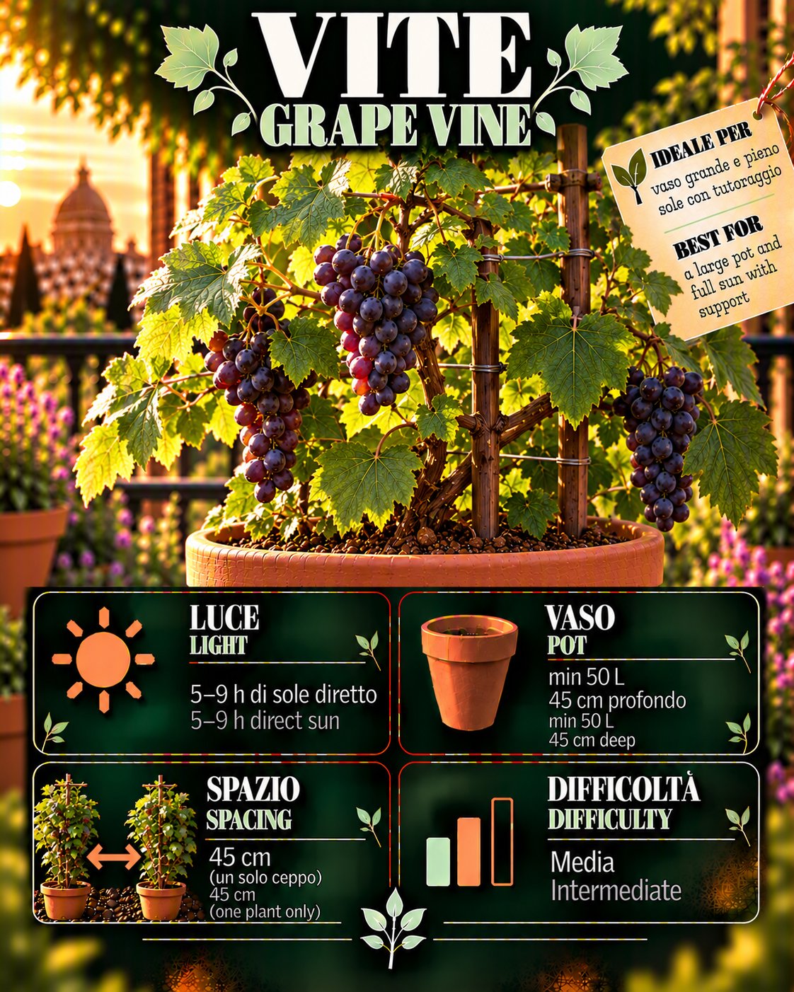 Scheda Vite • Vite profile: light, water, pot, harvest