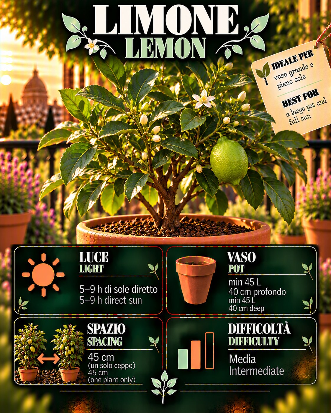 Scheda Limone • Limone profile: light, water, pot, harvest