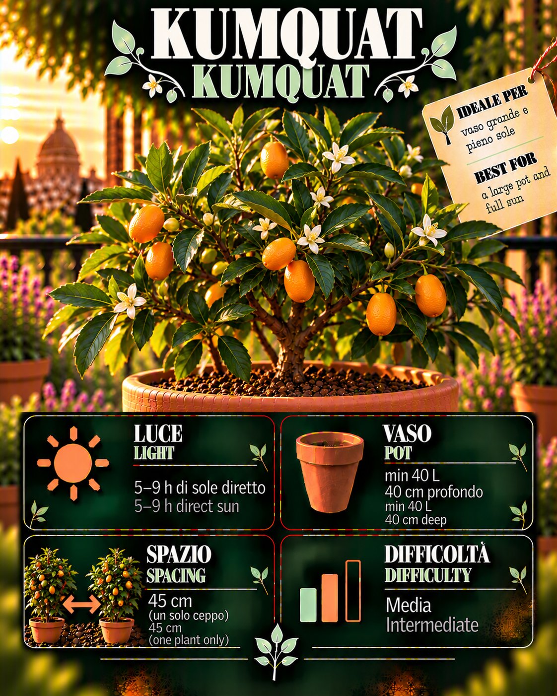 Scheda Kumquat • Kumquat profile: light, water, pot, harvest