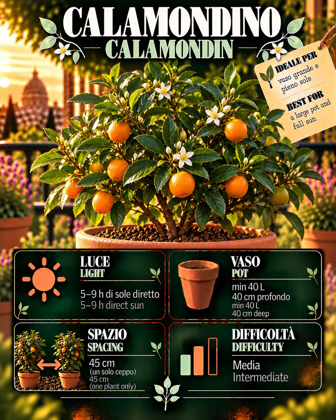Scheda Calamondin • Calamondin profile: light, water, pot, harvest