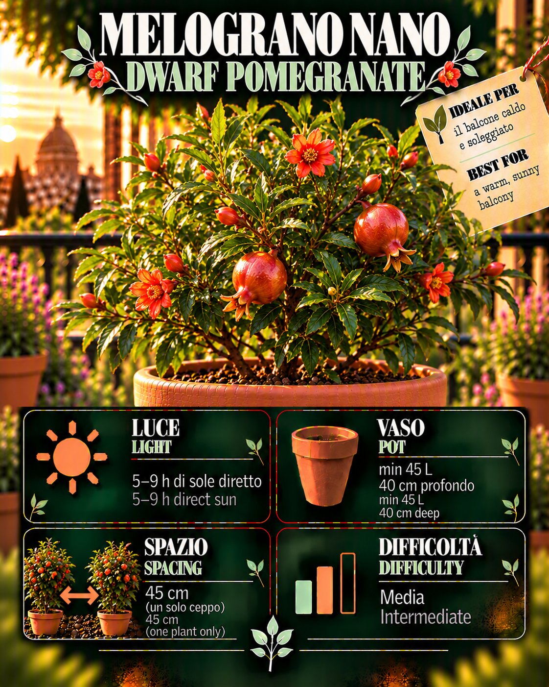 Scheda Melograno nano • Melograno nano profile: light, water, pot, harvest