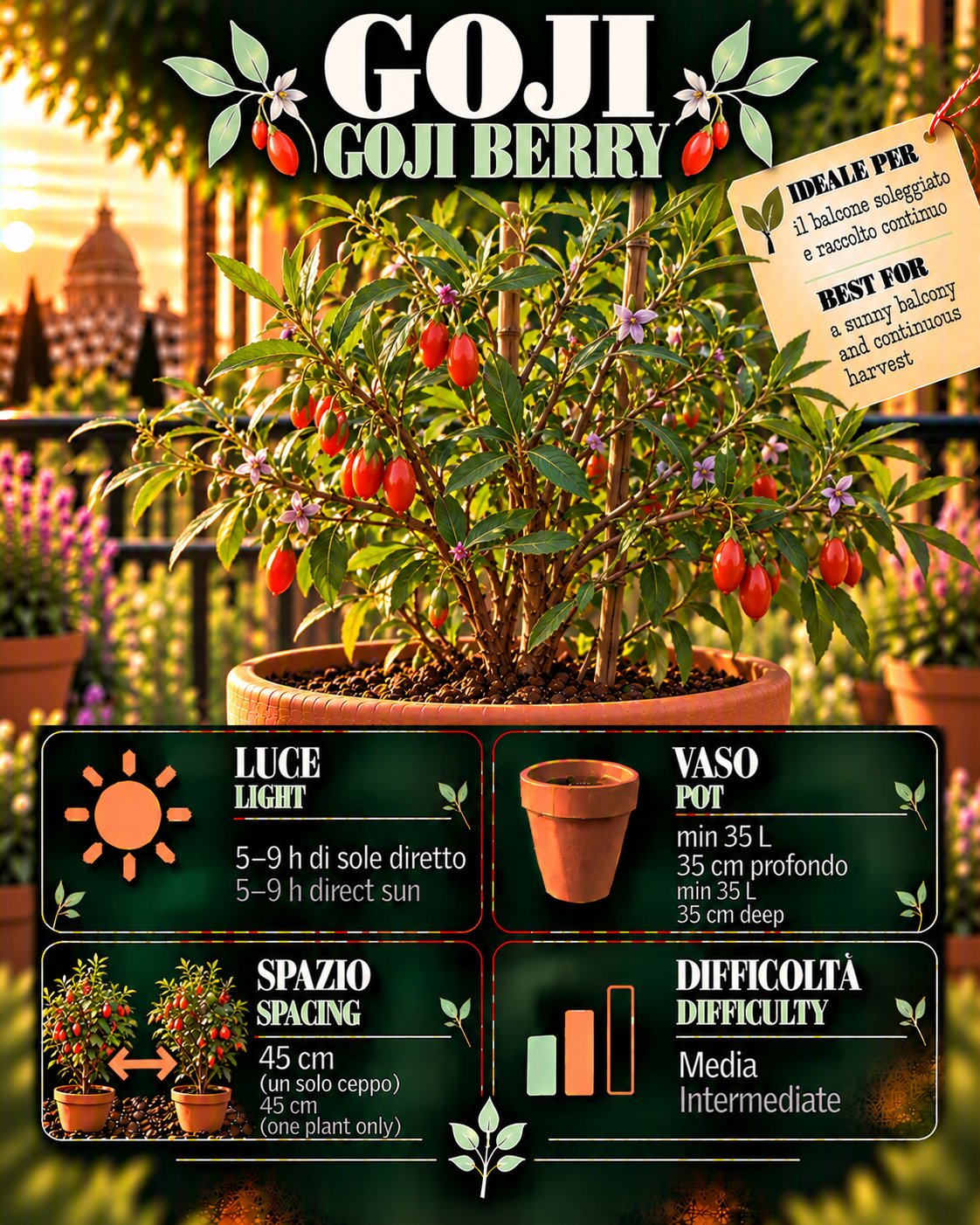 Scheda Goji • Goji profile: light, water, pot, harvest