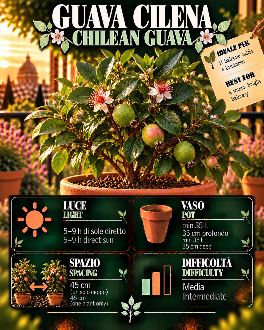 Scheda Guava cilena • Guava cilena profile: light, water, pot, harvest