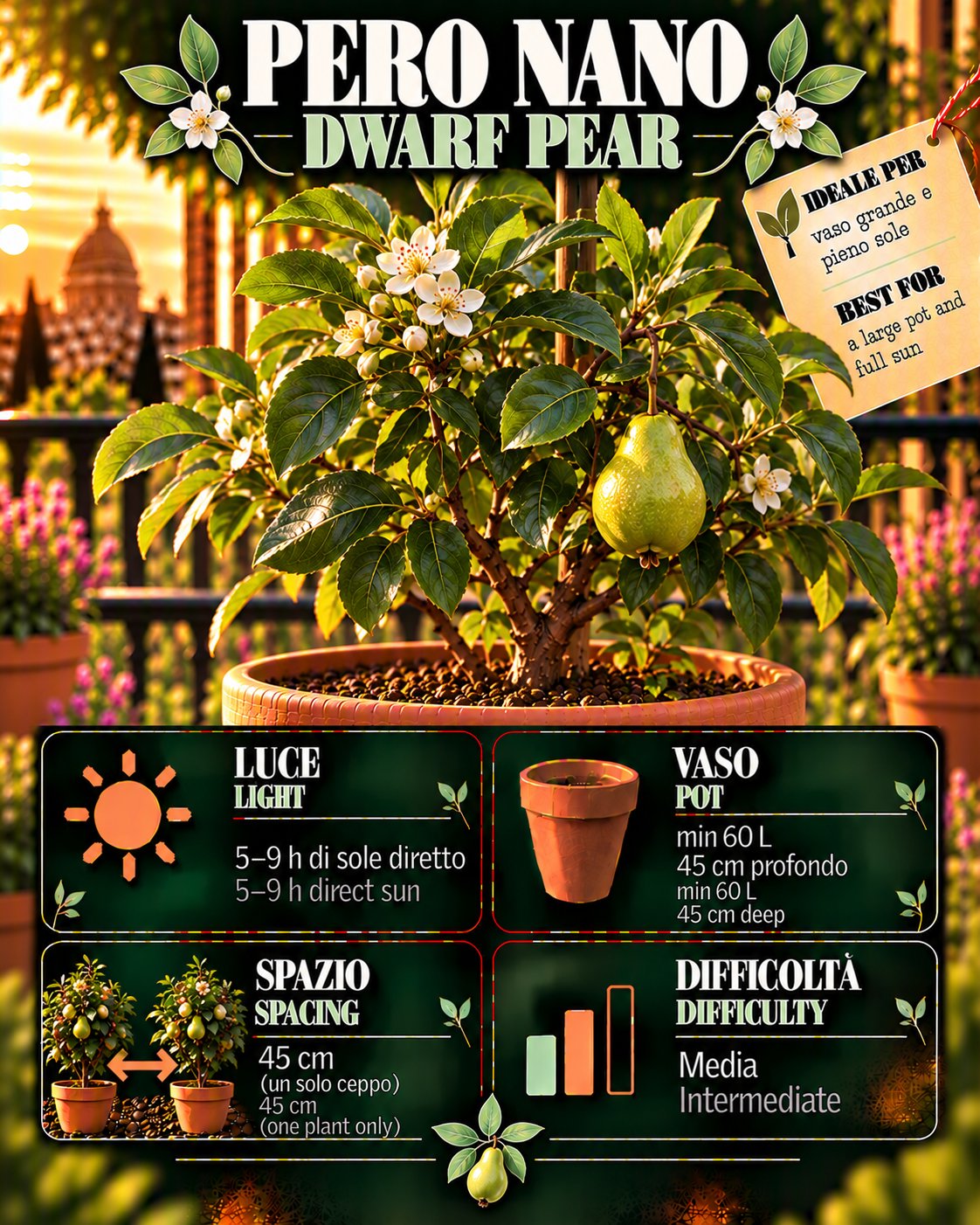 Scheda Dwarf pear • Dwarf pear profile: light, water, pot, harvest