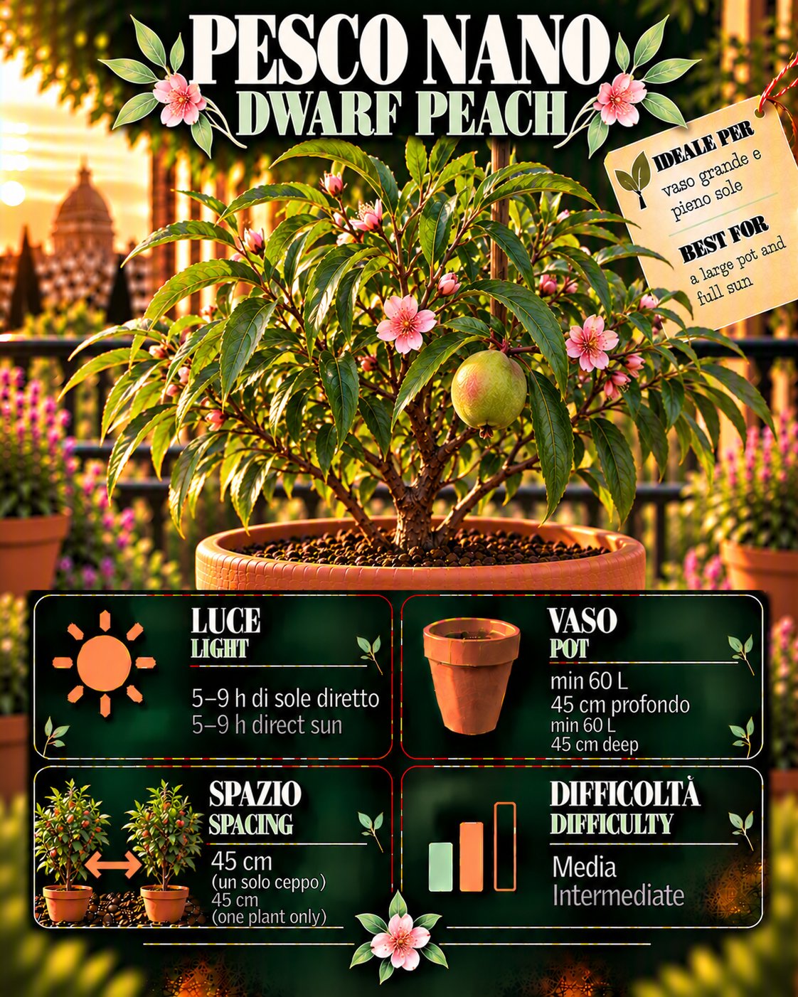 Scheda Dwarf peach • Dwarf peach profile: light, water, pot, harvest