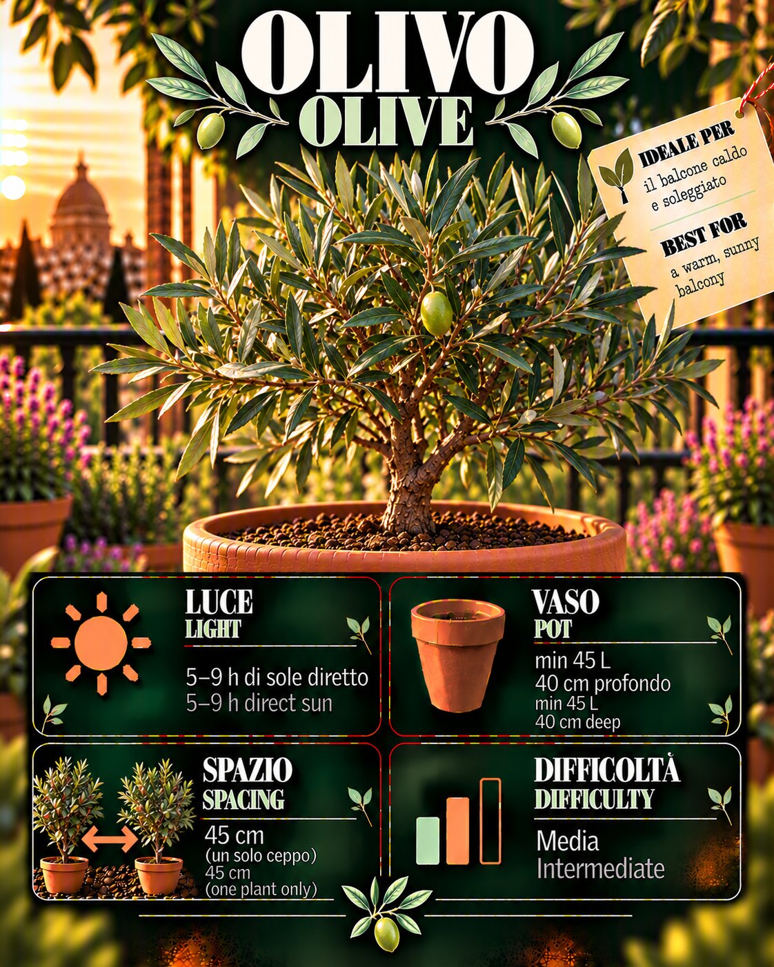 Scheda Olive • Olive profile: light, water, pot, harvest