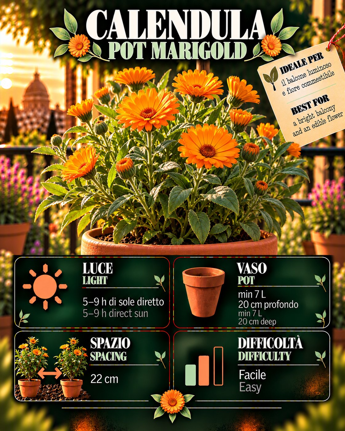 Scheda Calendula • Calendula profile: light, water, pot, harvest