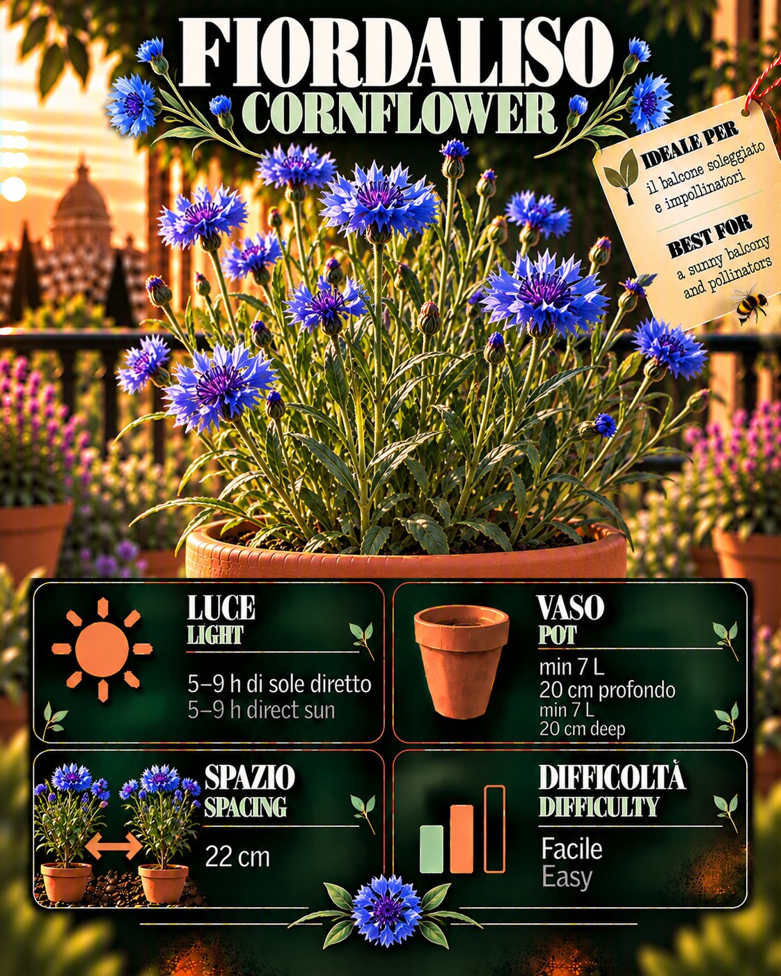 Scheda Cornflower • Cornflower profile: light, water, pot, harvest