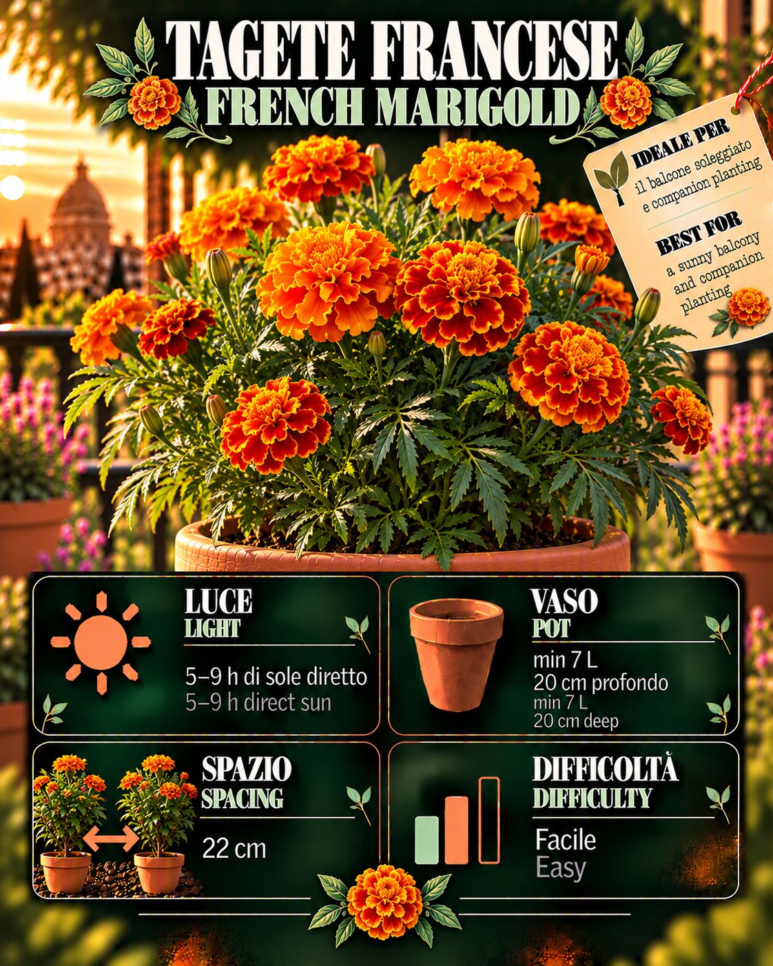 Scheda French marigold • French marigold profile: light, water, pot, harvest
