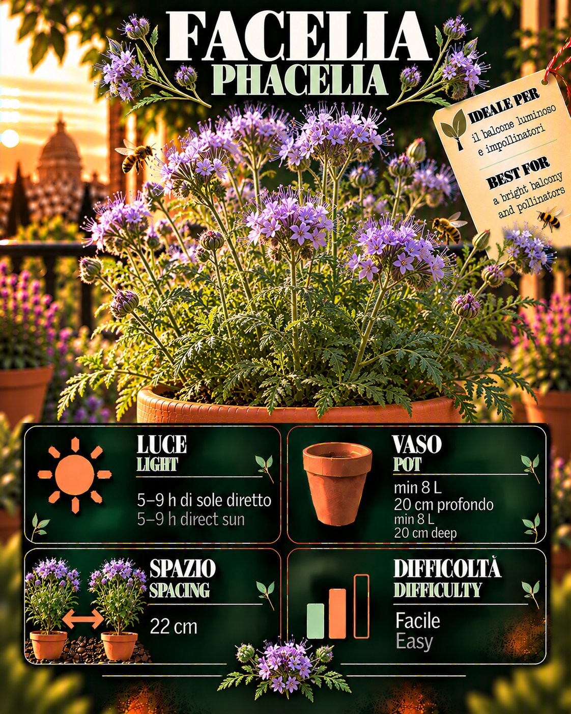 Scheda Phacelia • Phacelia profile: light, water, pot, harvest
