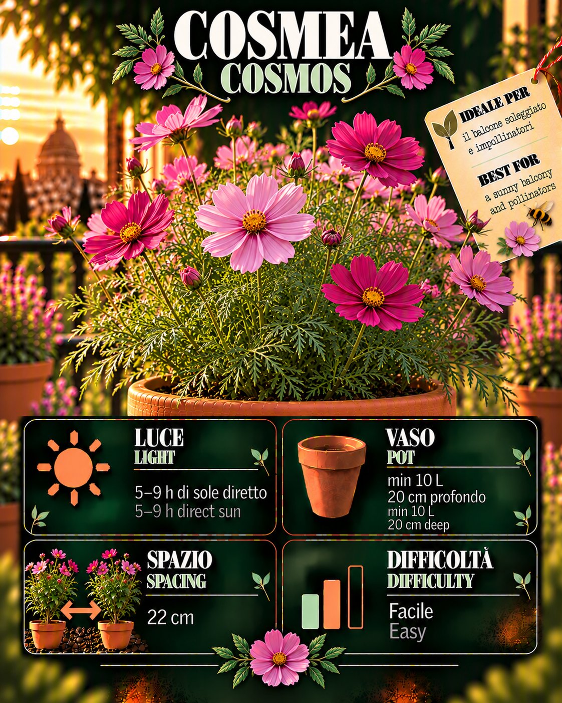 Scheda Cosmea • Cosmea profile: light, water, pot, harvest