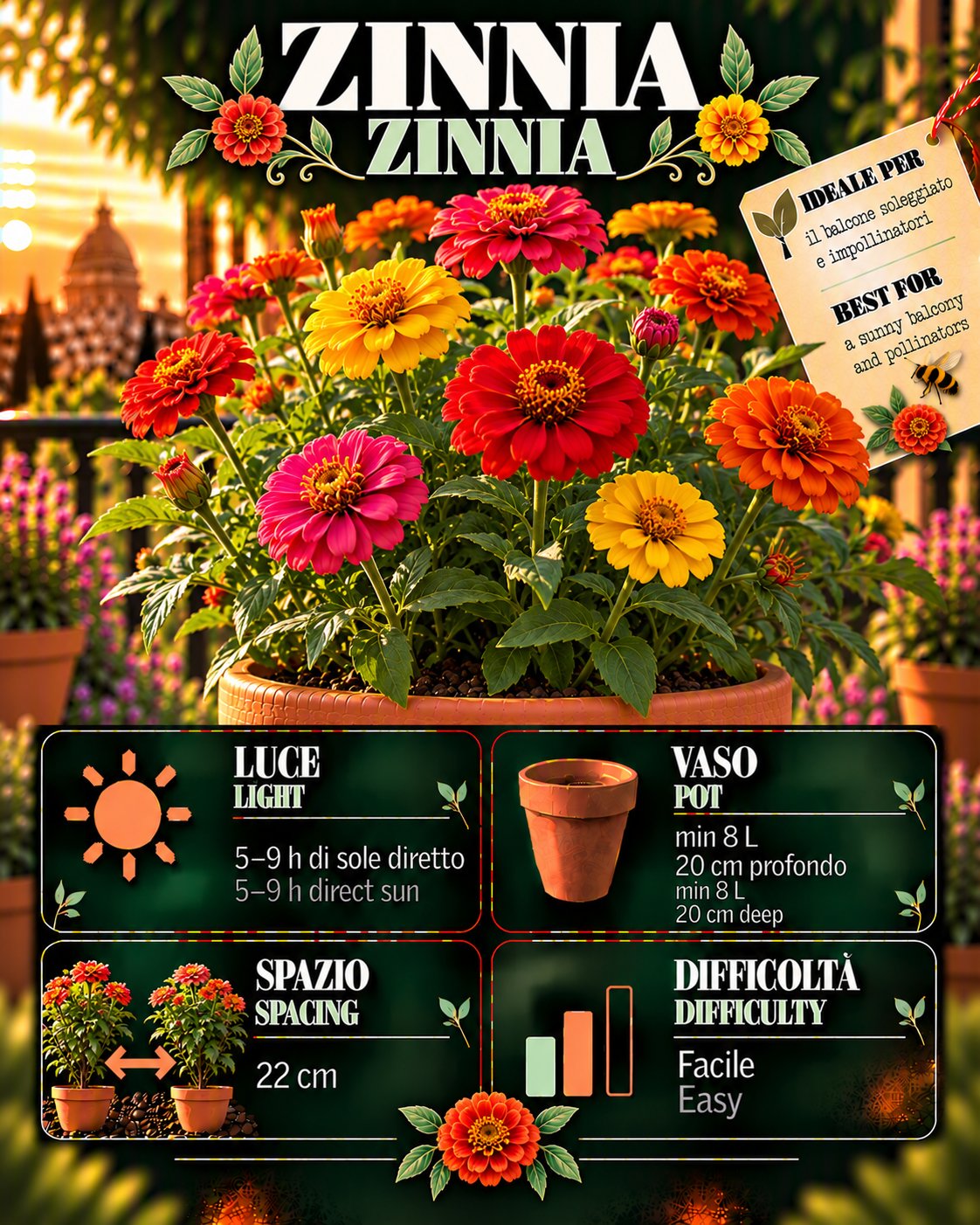 Scheda Zinnia • Zinnia profile: light, water, pot, harvest