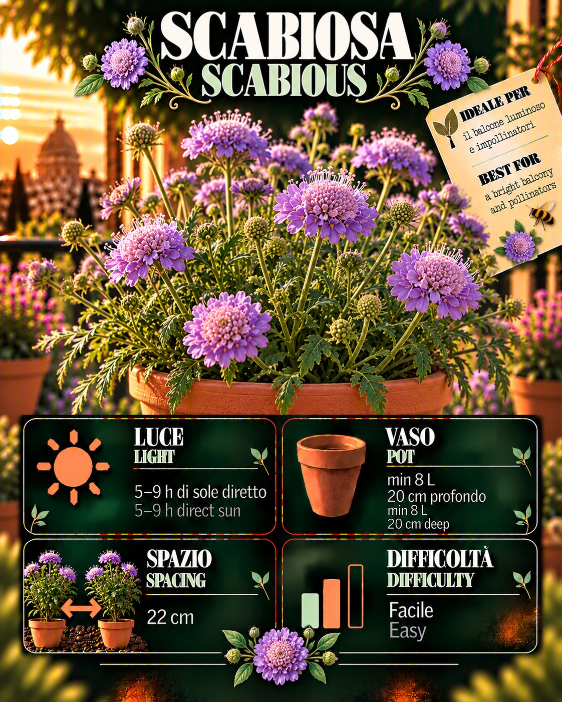 Scheda Scabious • Scabious profile: light, water, pot, harvest