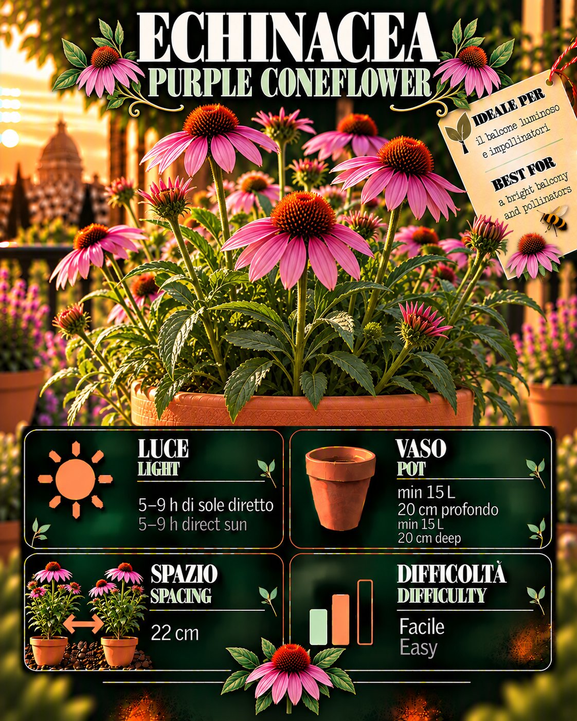 Scheda Echinacea • Echinacea profile: light, water, pot, harvest