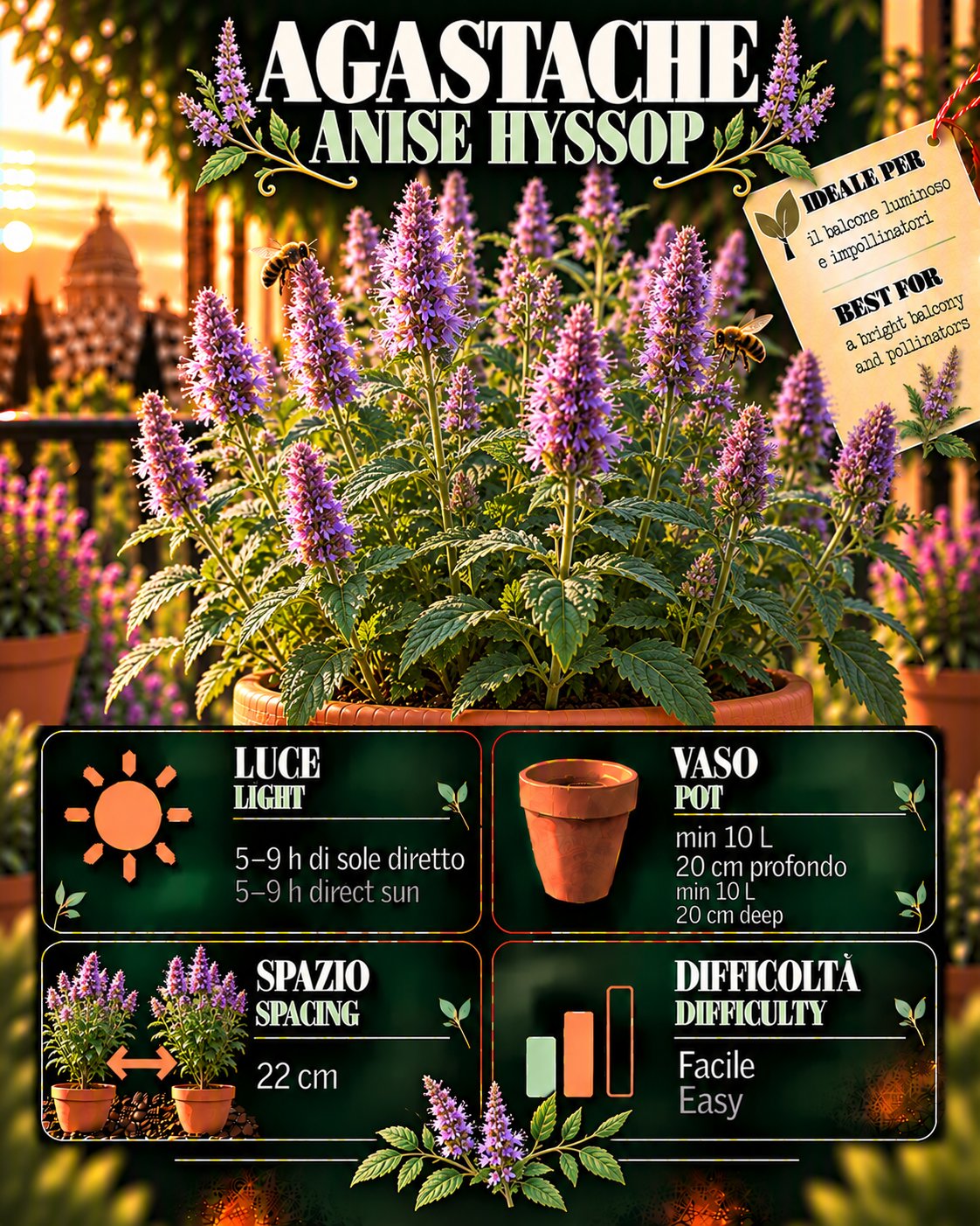 Scheda Agastache • Agastache profile: light, water, pot, harvest