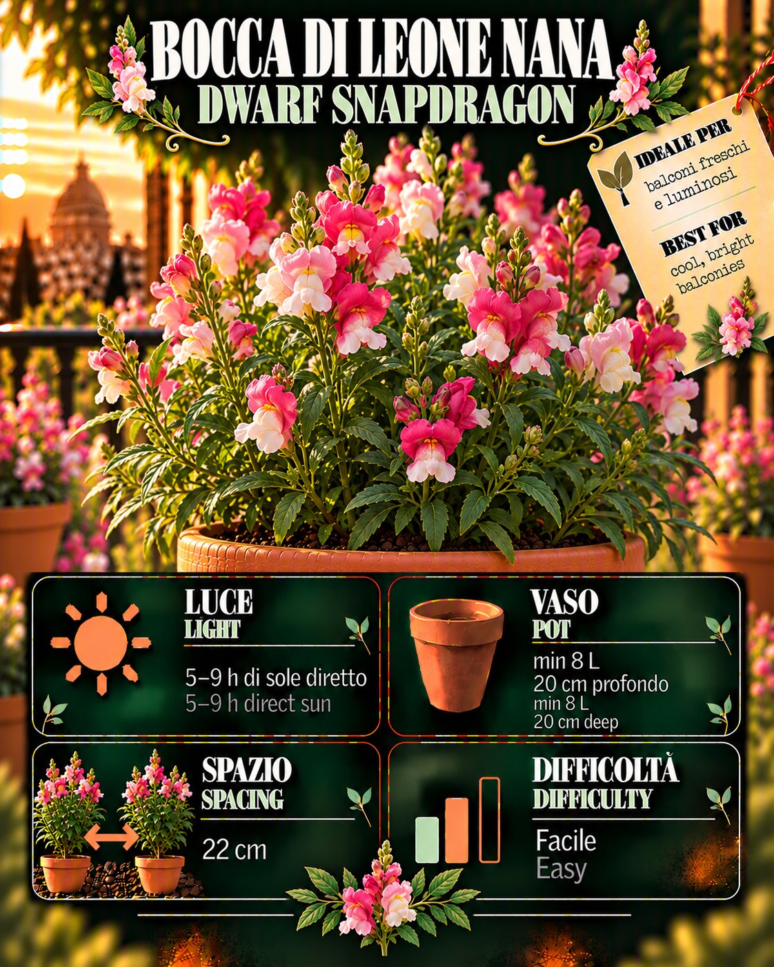 Scheda Bocca di leone nana • Bocca di leone nana profile: light, water, pot, harvest